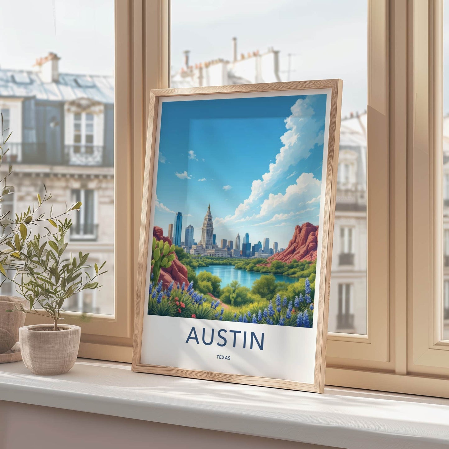 Austin Poster - Texas Travel Art - Skyline Lake Bluebonnets Home Decor