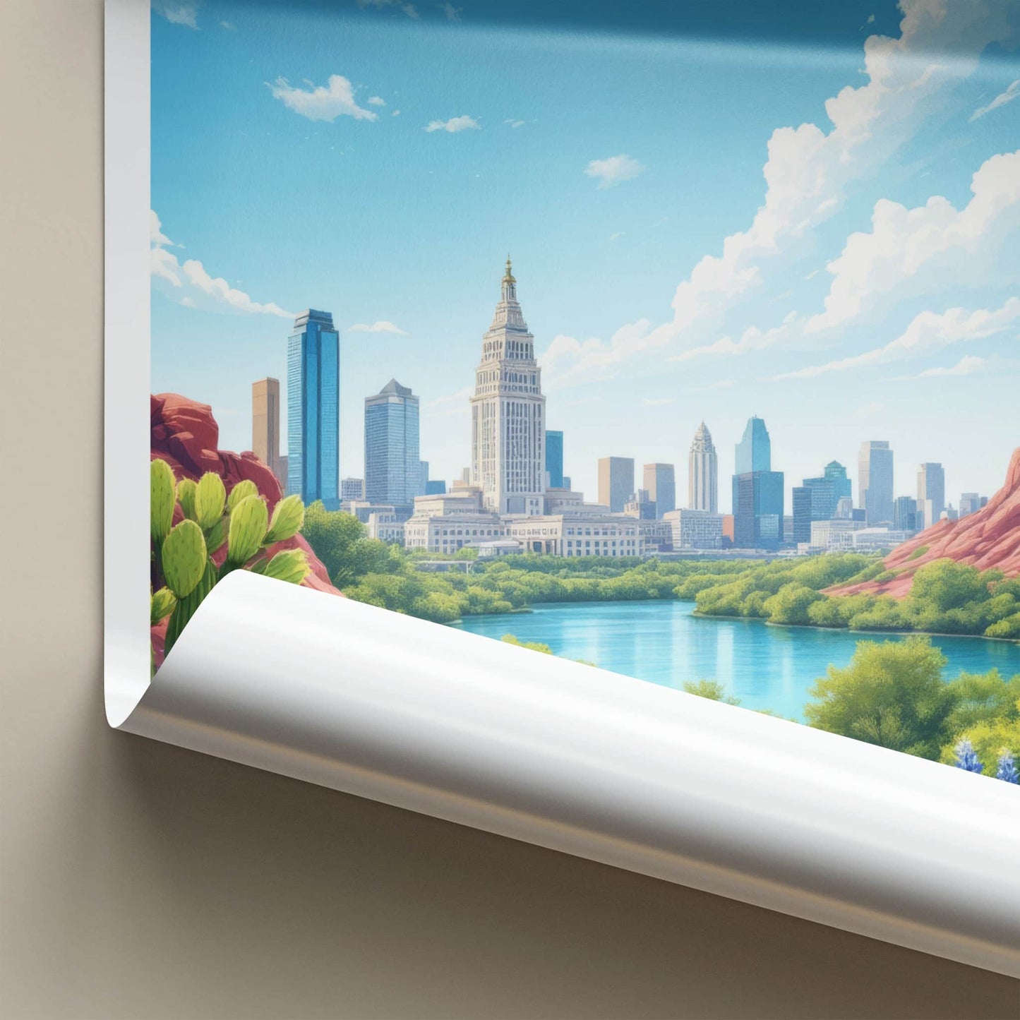 Austin Poster - Texas Travel Art - Skyline Lake Bluebonnets Home Decor