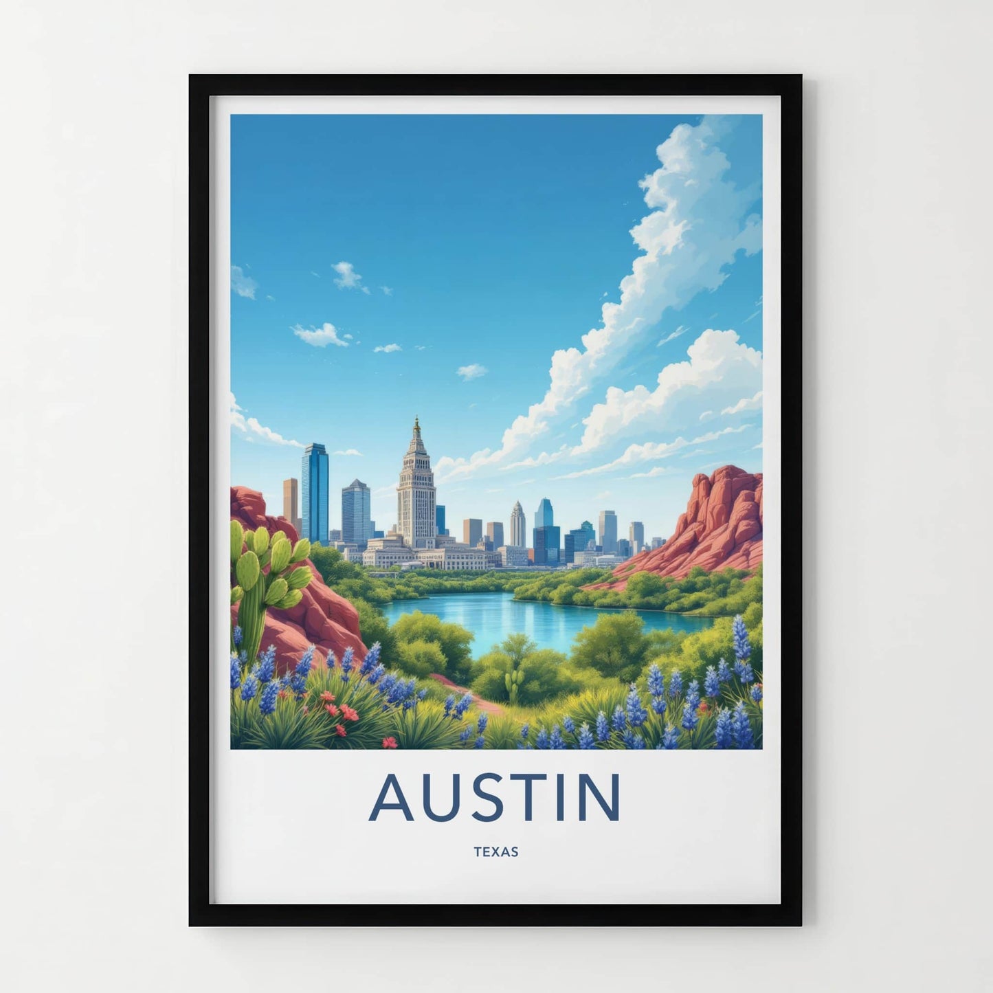 Austin Poster - Texas Travel Art - Skyline Lake Bluebonnets Home Decor