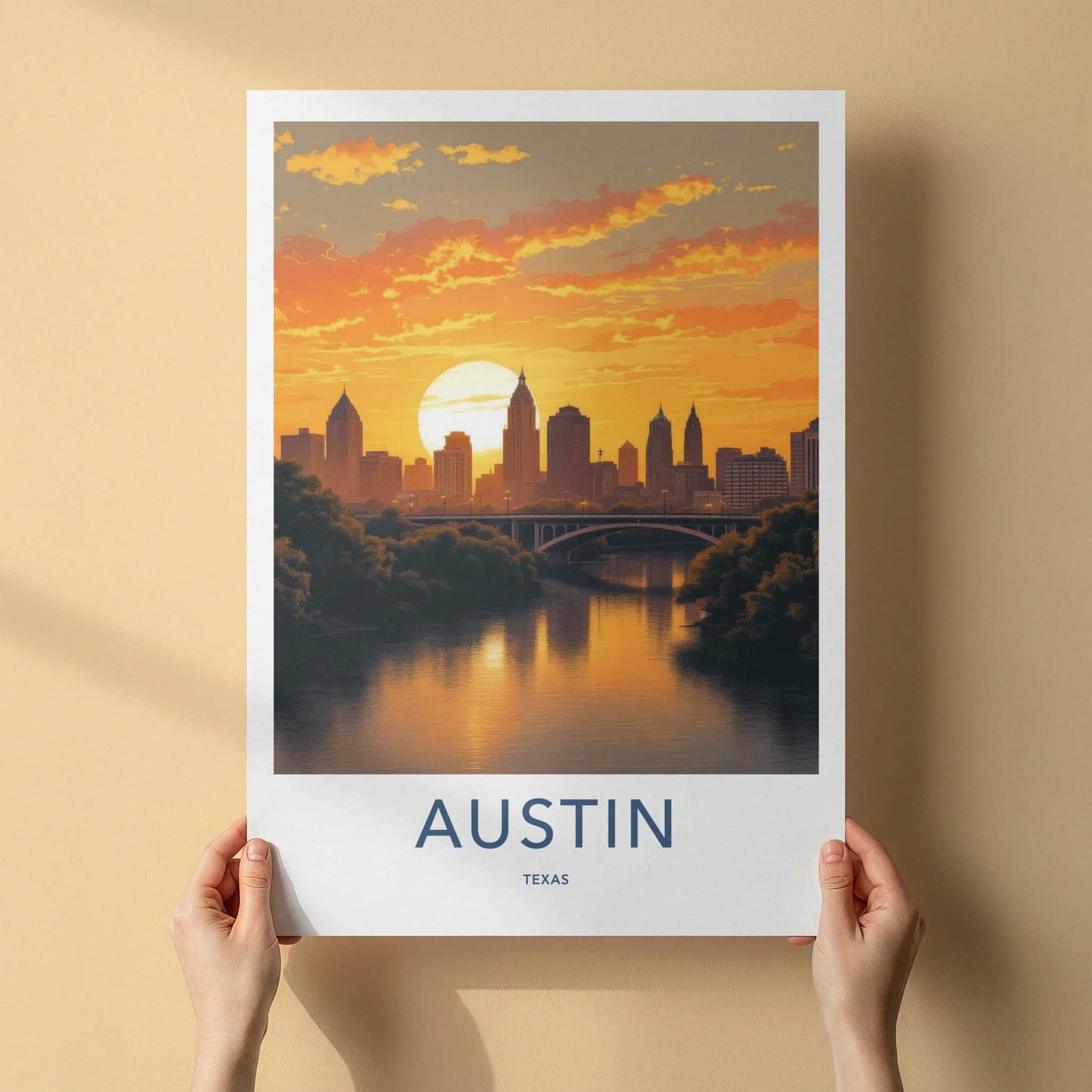 Austin Poster - Texas Travel Art - Vibrant River Sunset Home Decor