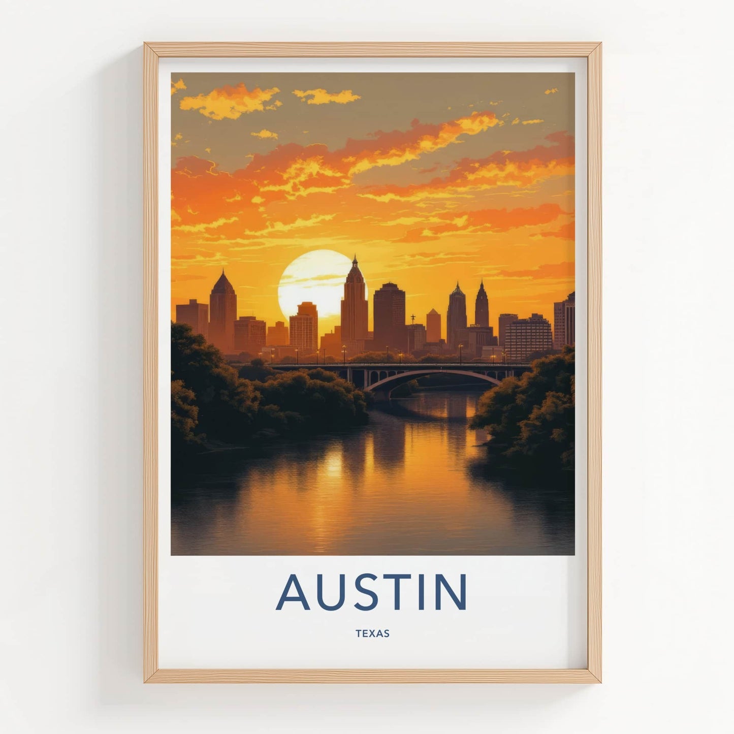 Austin Poster - Texas Travel Art - Vibrant River Sunset Home Decor