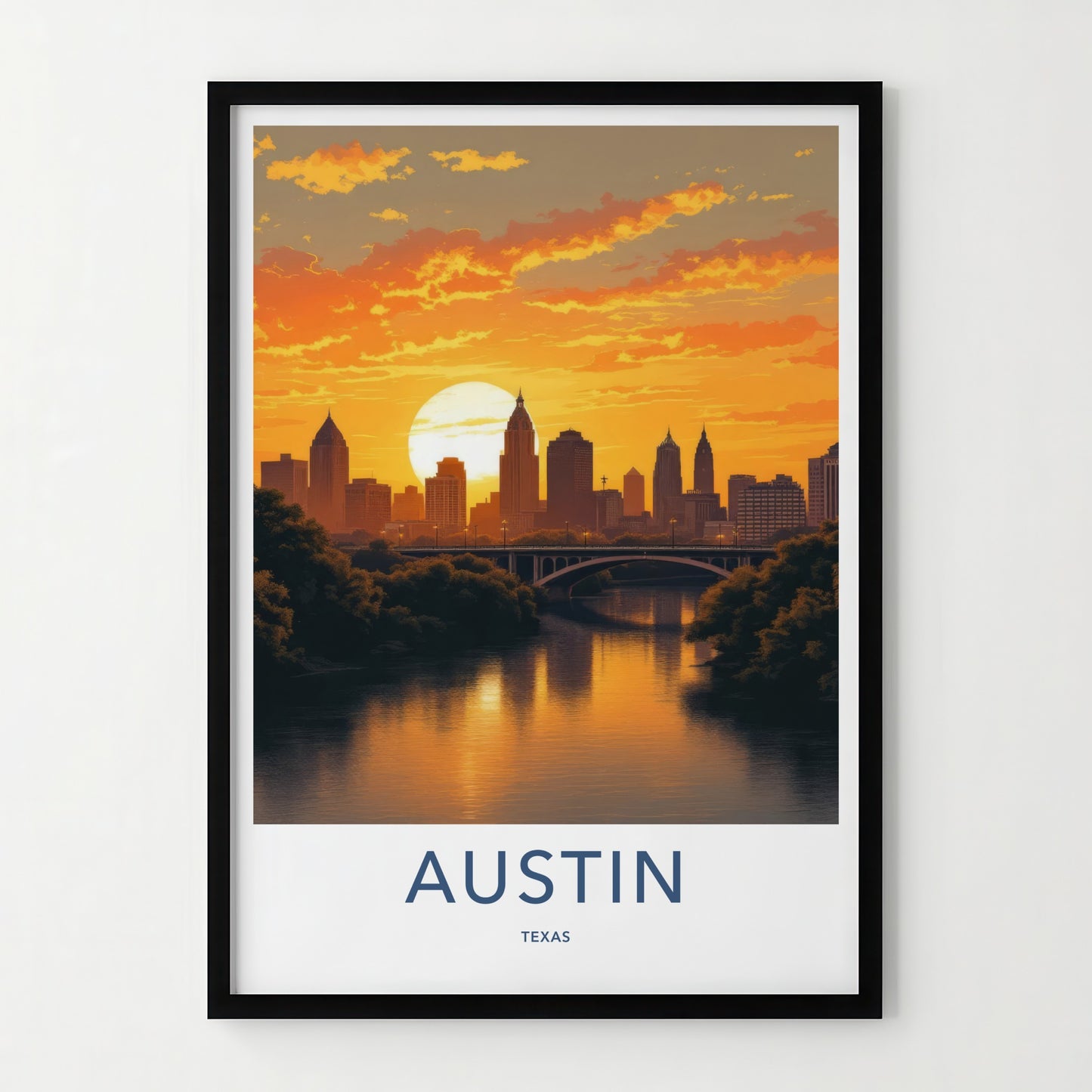 Austin Poster - Texas Travel Art - Vibrant River Sunset Home Decor