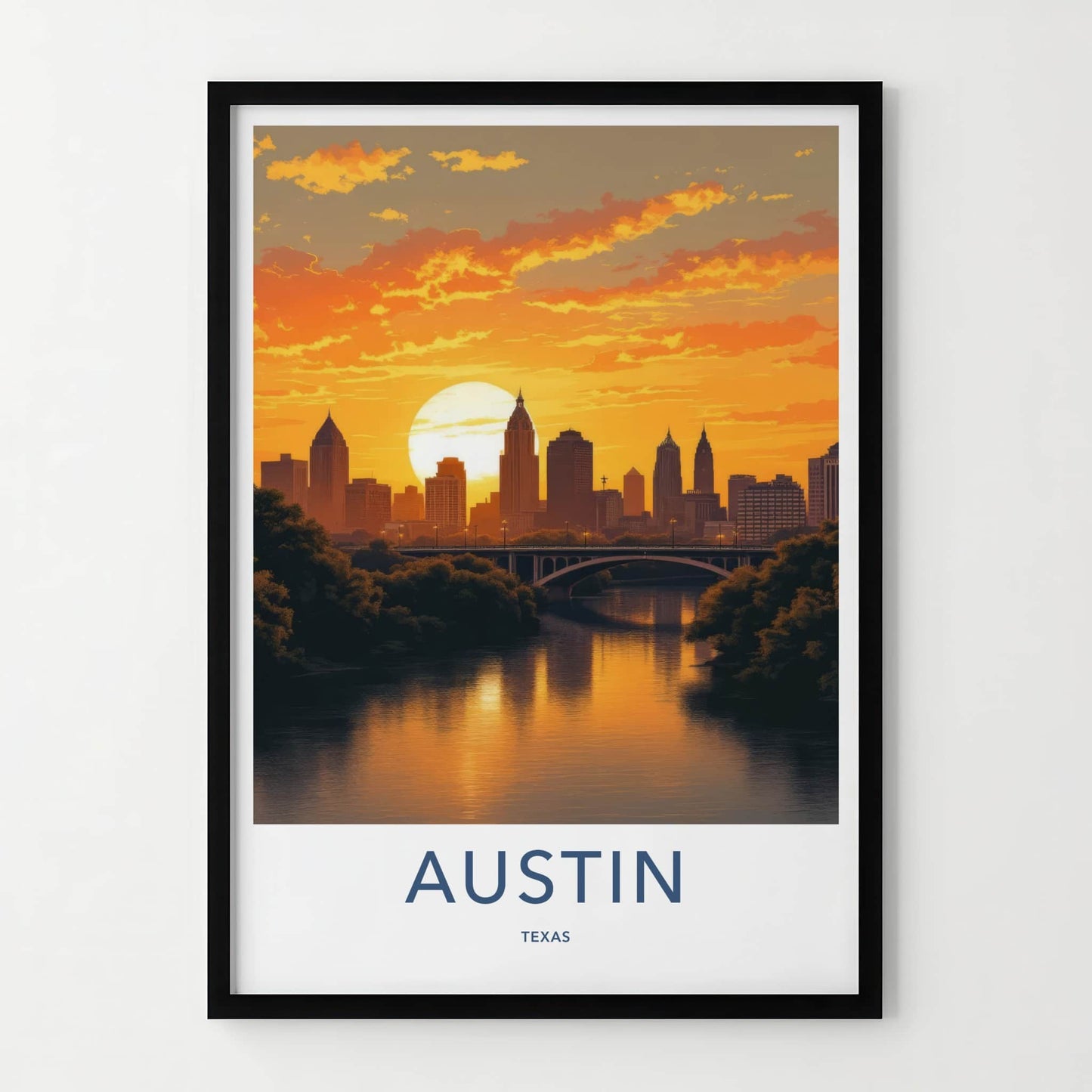 Austin Poster - Texas Travel Art - Vibrant River Sunset Home Decor