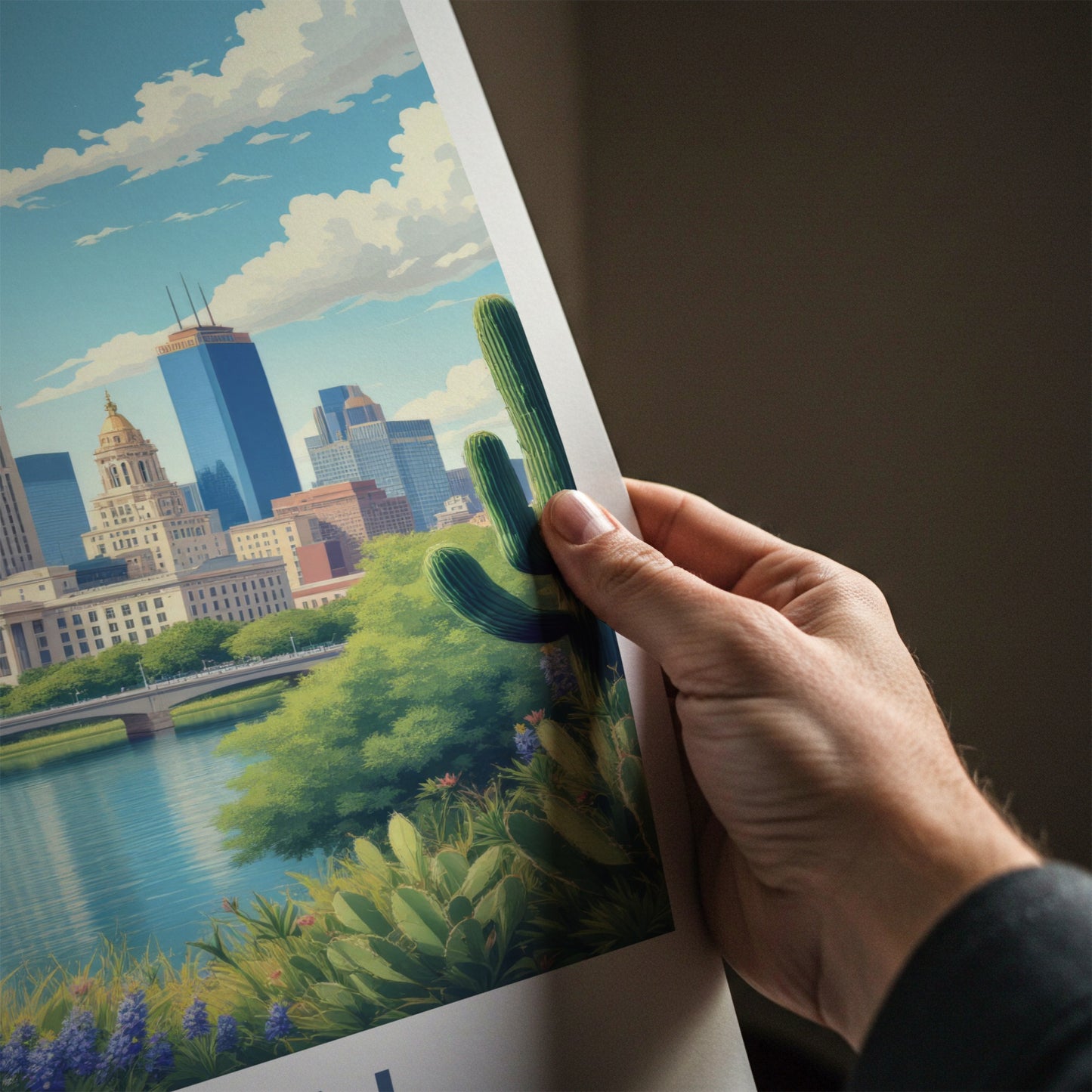 Austin Poster - Texas Travel Print - Capitol River Bluebonnets Wall Decor