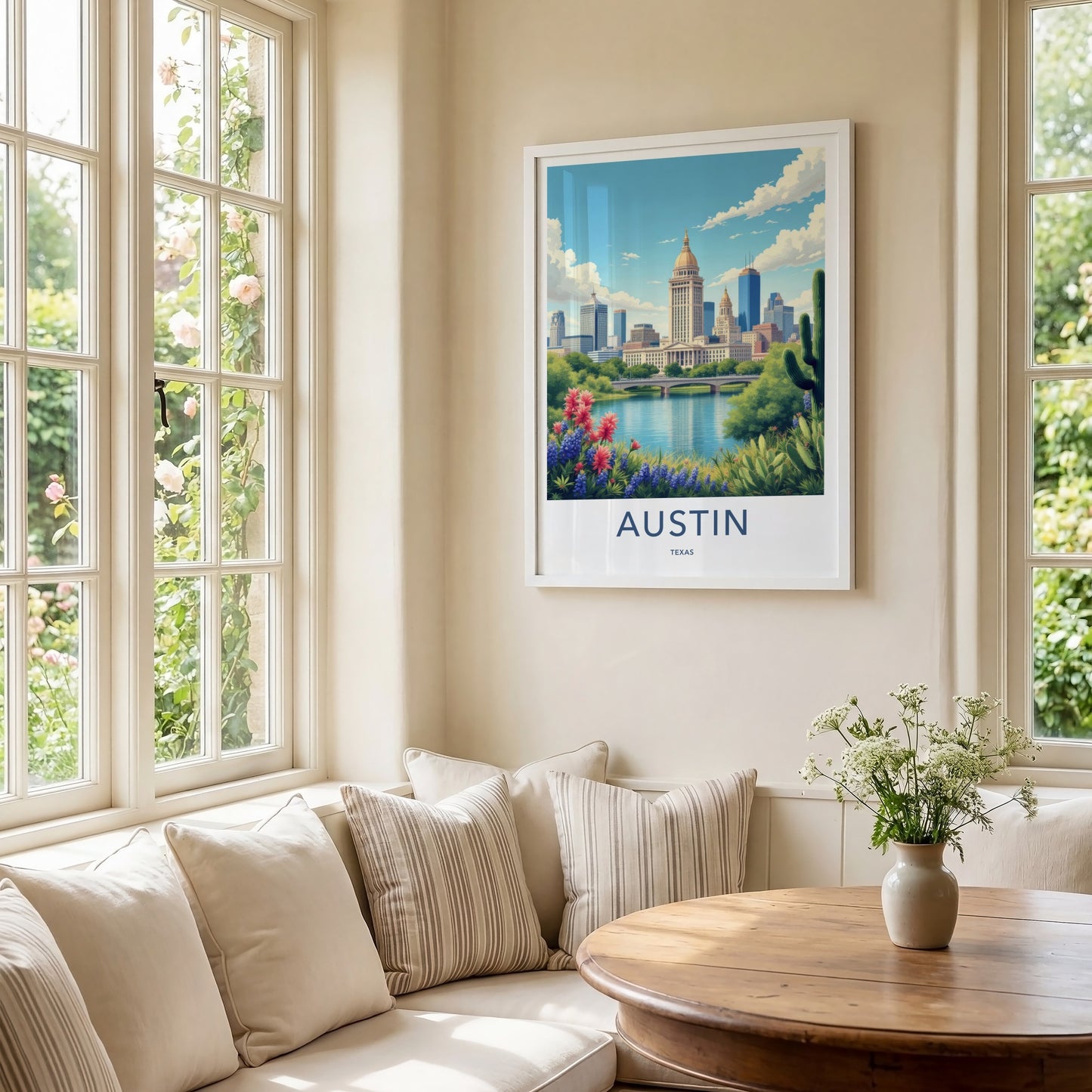 Austin Poster - Texas Travel Print - Capitol River Bluebonnets Wall Decor
