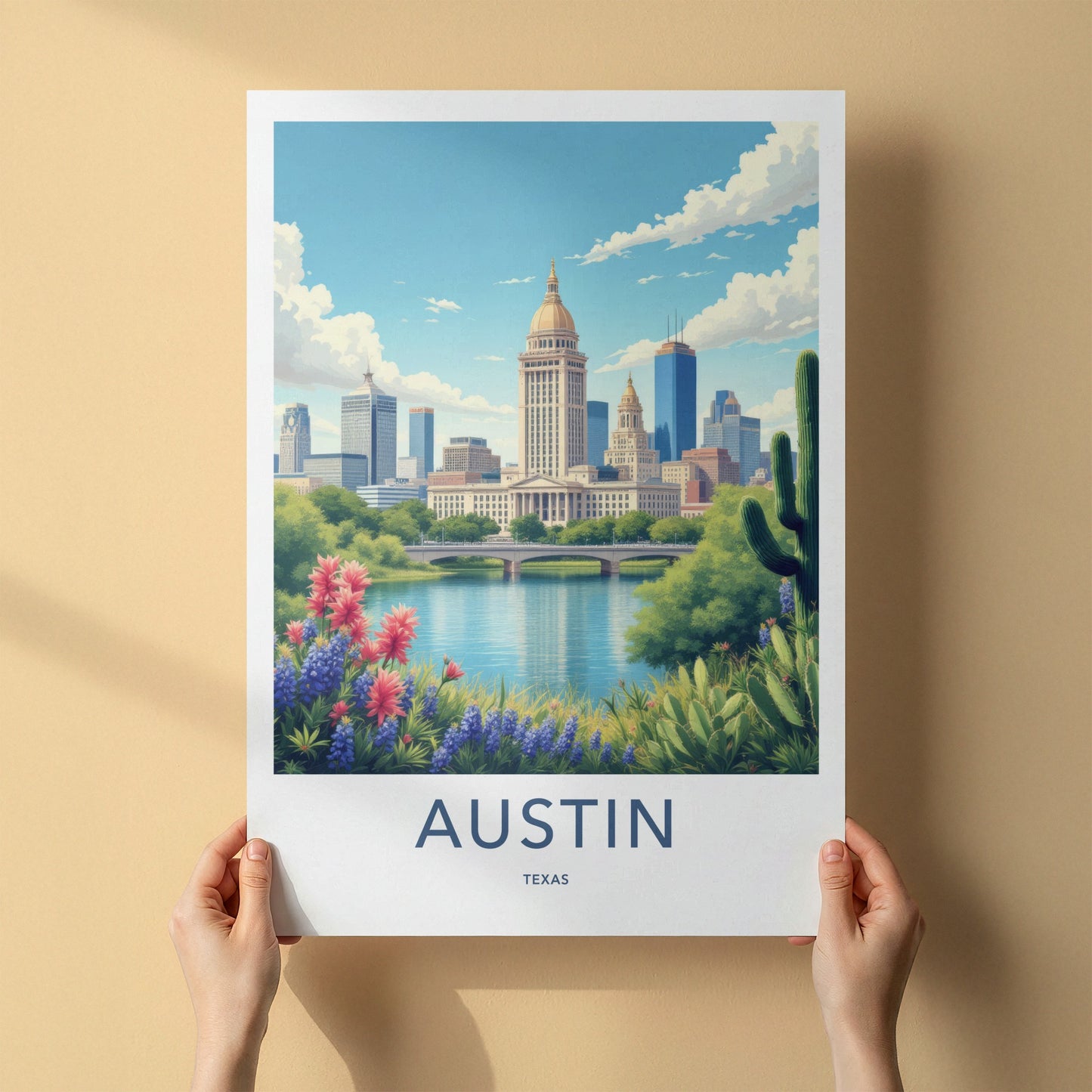 Austin Poster - Texas Travel Print - Capitol River Bluebonnets Wall Decor