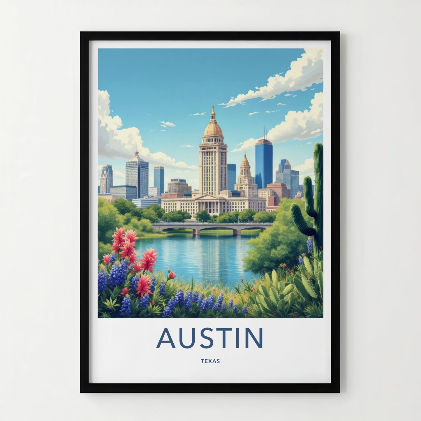 Austin Poster - Texas Travel Print - Capitol River Bluebonnets Wall Decor
