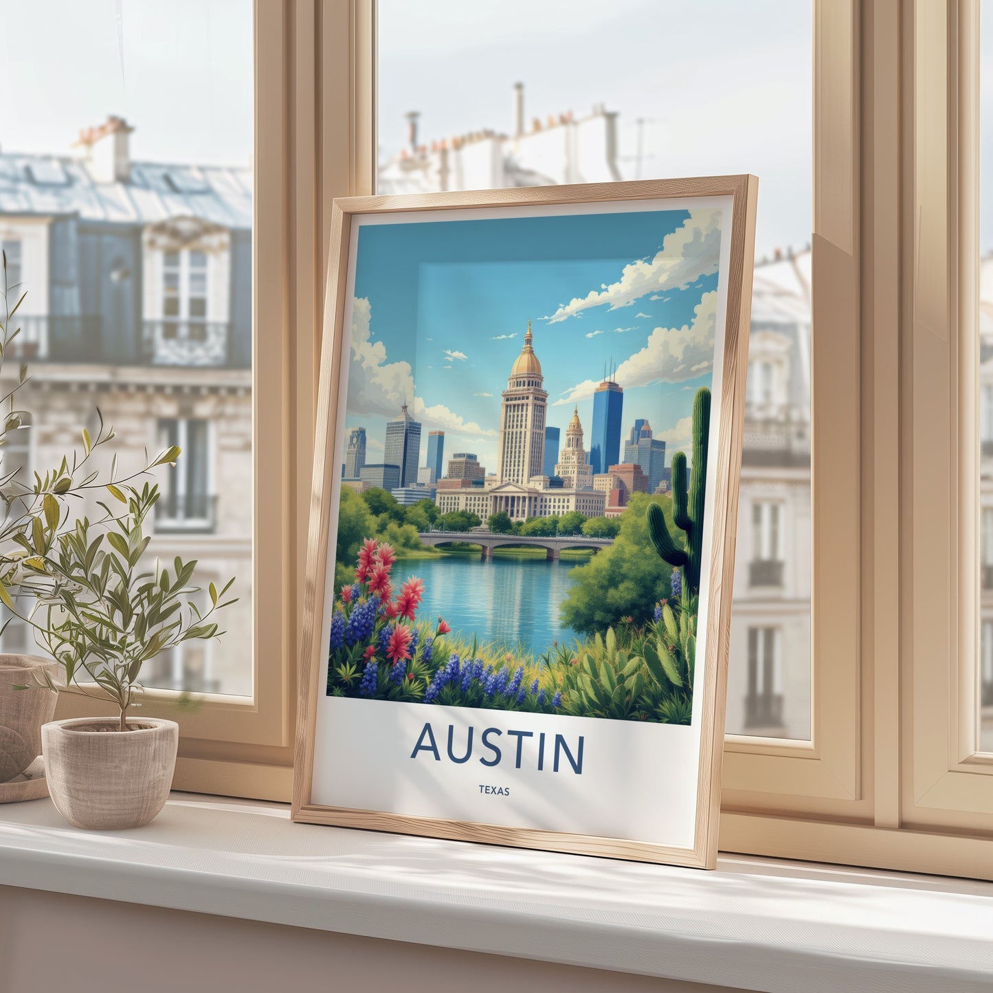 Austin Poster - Texas Travel Print - Capitol River Bluebonnets Wall Decor