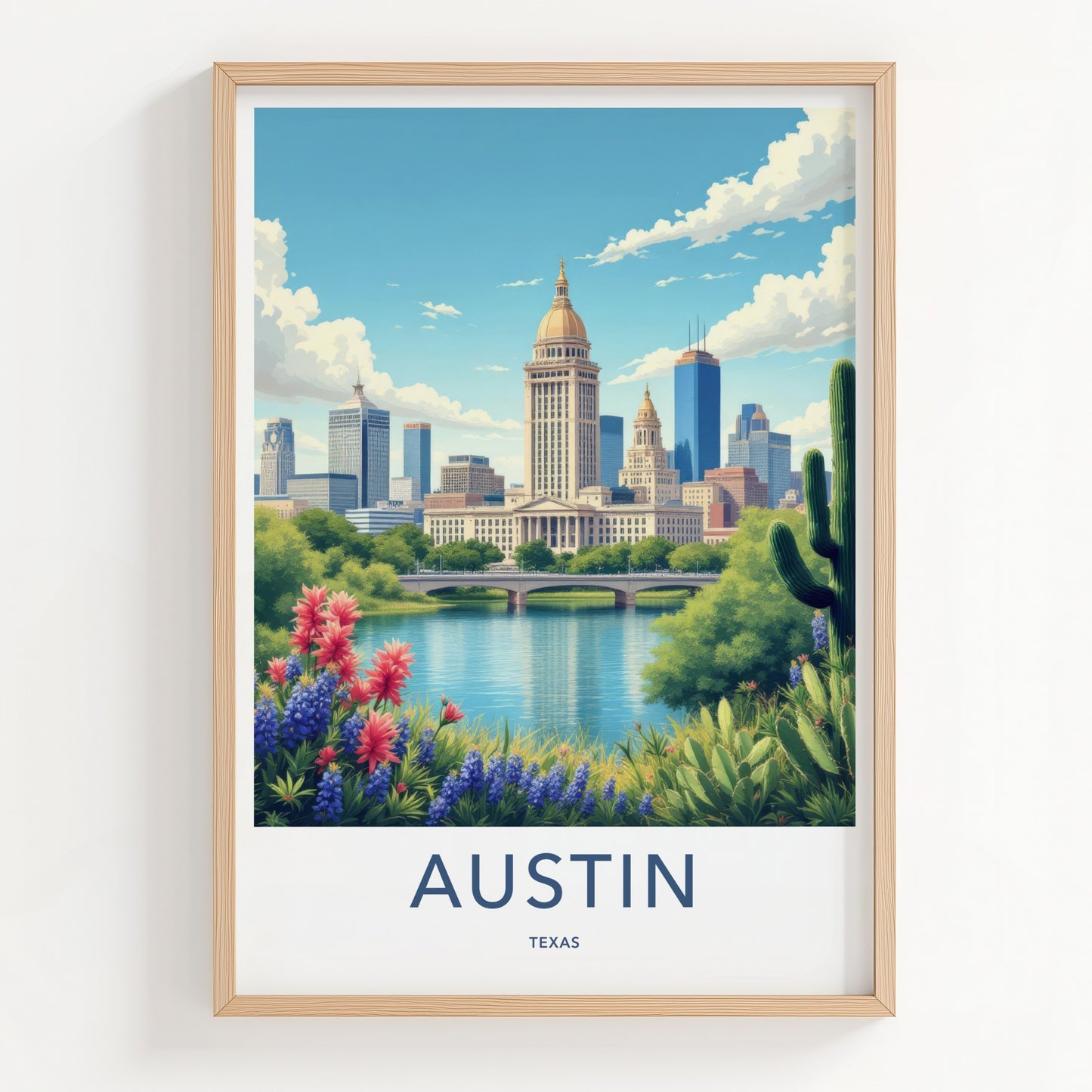 Austin Poster - Texas Travel Print - Capitol River Bluebonnets Wall Decor