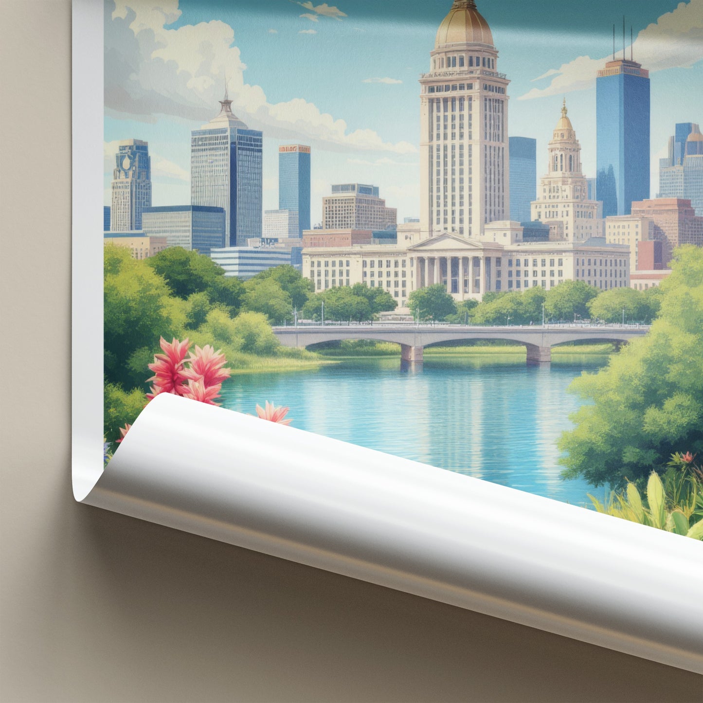 Austin Poster - Texas Travel Print - Capitol River Bluebonnets Wall Decor