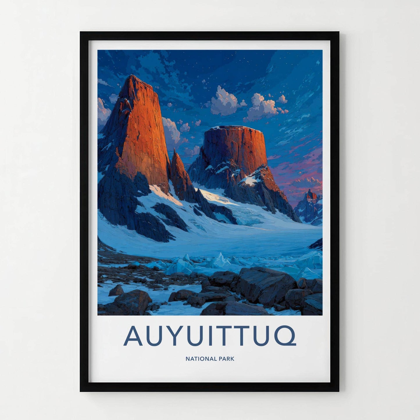 Auyuittuq National Park Poster - Canada Travel Print - Arctic peaks sunset Wall Decor