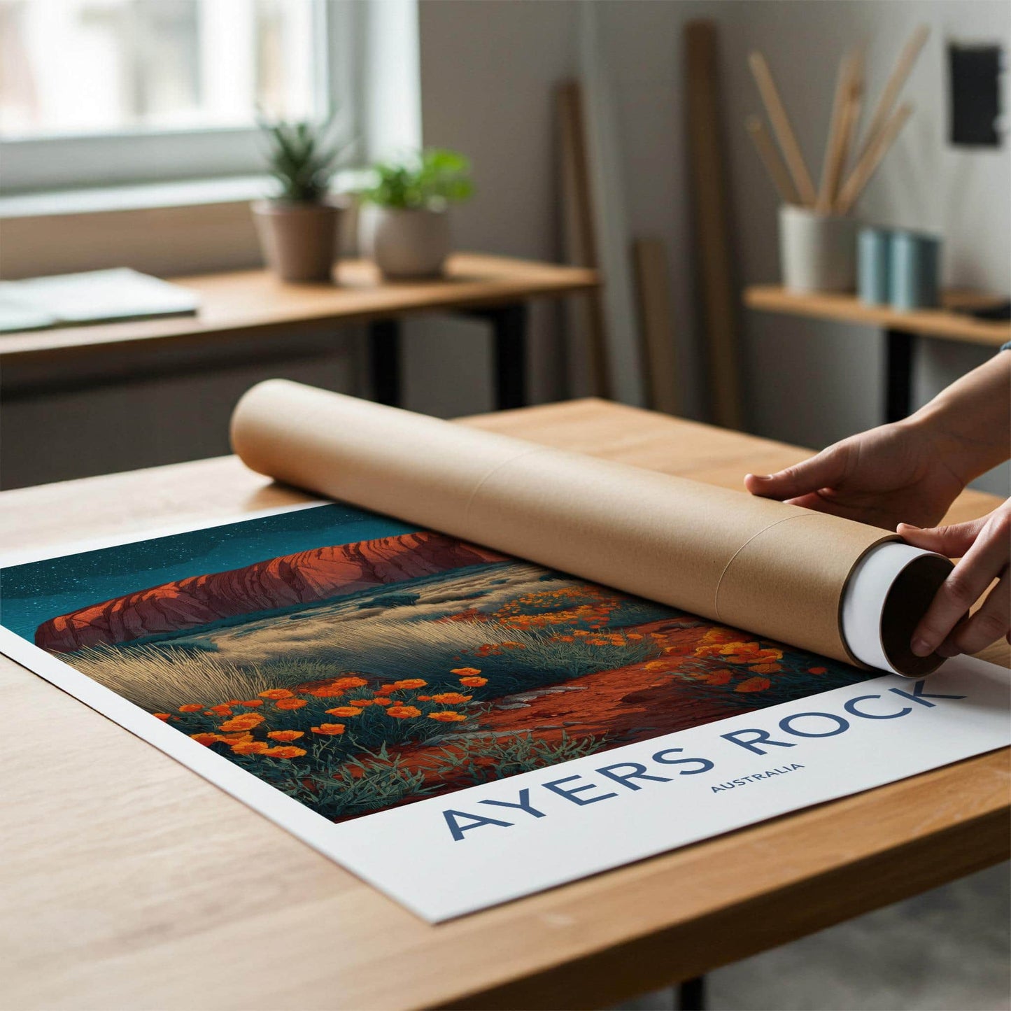 Ayers Rock Poster - Australia Travel Art - starry desert bloom Wall Decor