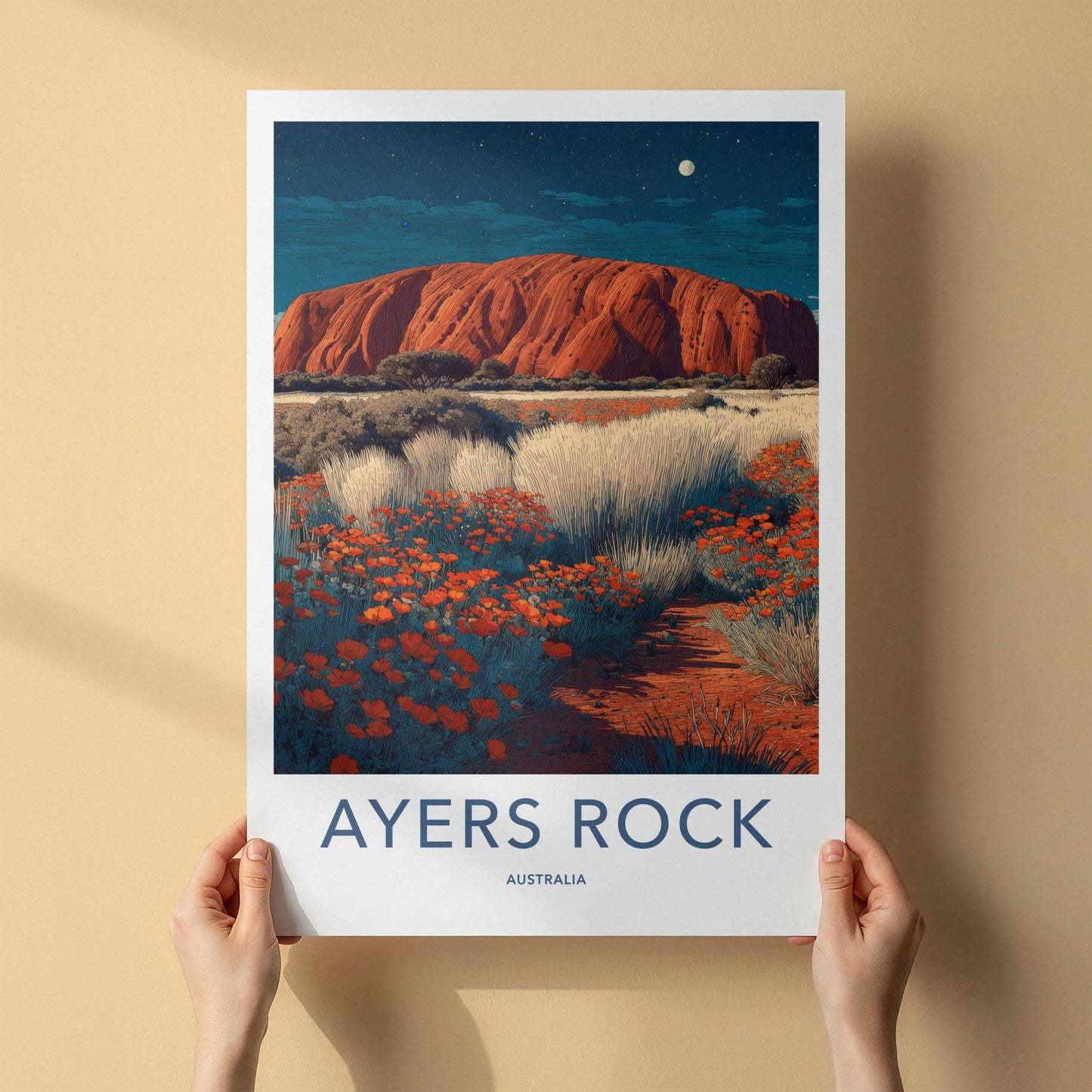 Ayers Rock Poster - Australia Travel Art - Starry Red Rock Home Decor