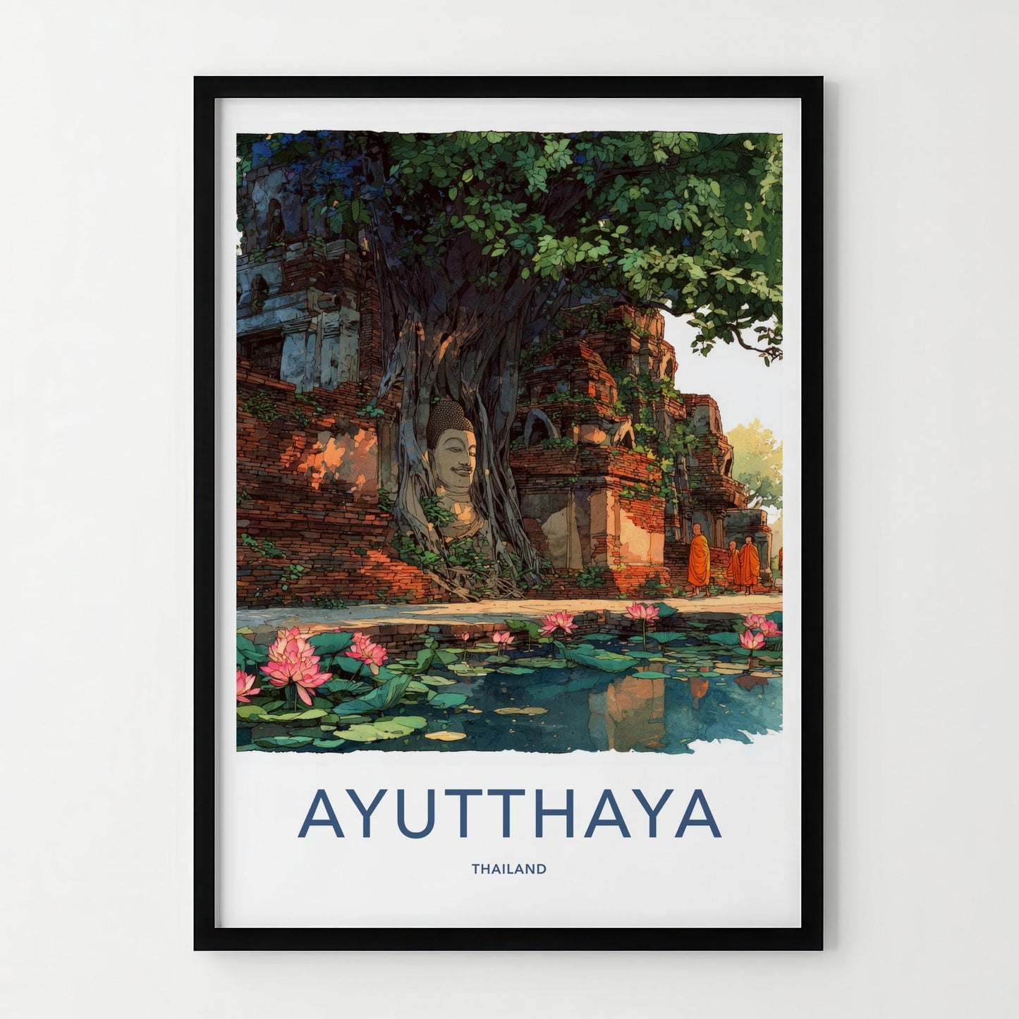 Ayutthaya Poster - Thailand Travel Art - Buddha Lotus Ruins Home Decor