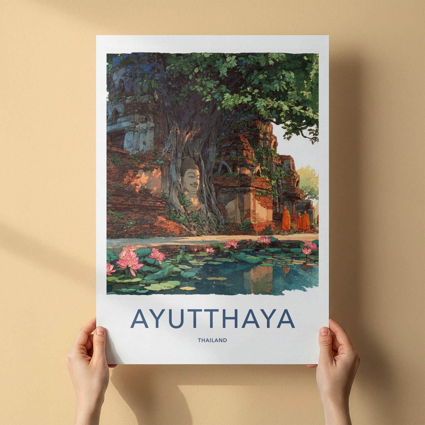 Ayutthaya Poster - Thailand Travel Art - Buddha Lotus Ruins Home Decor