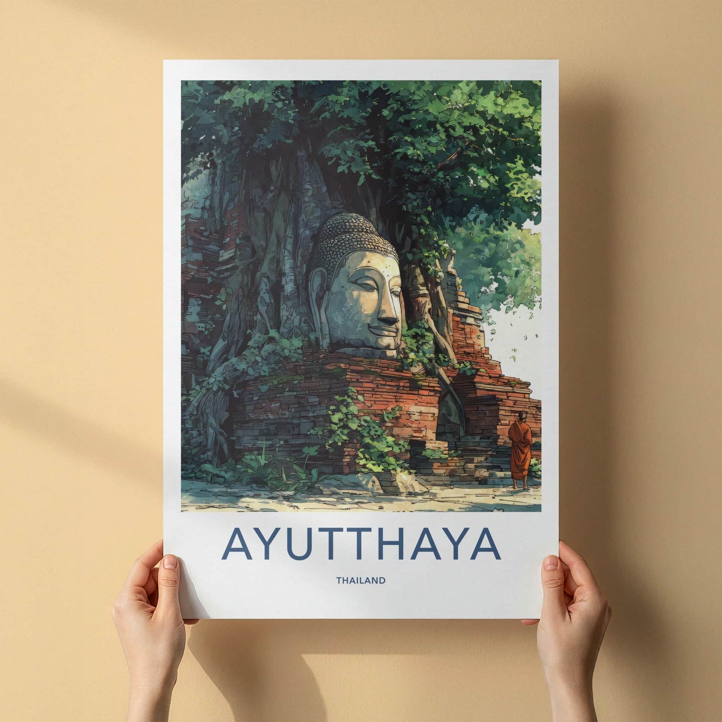 Ayutthaya Poster - Thailand Travel Art - Tree Buddha Head Wall Decor