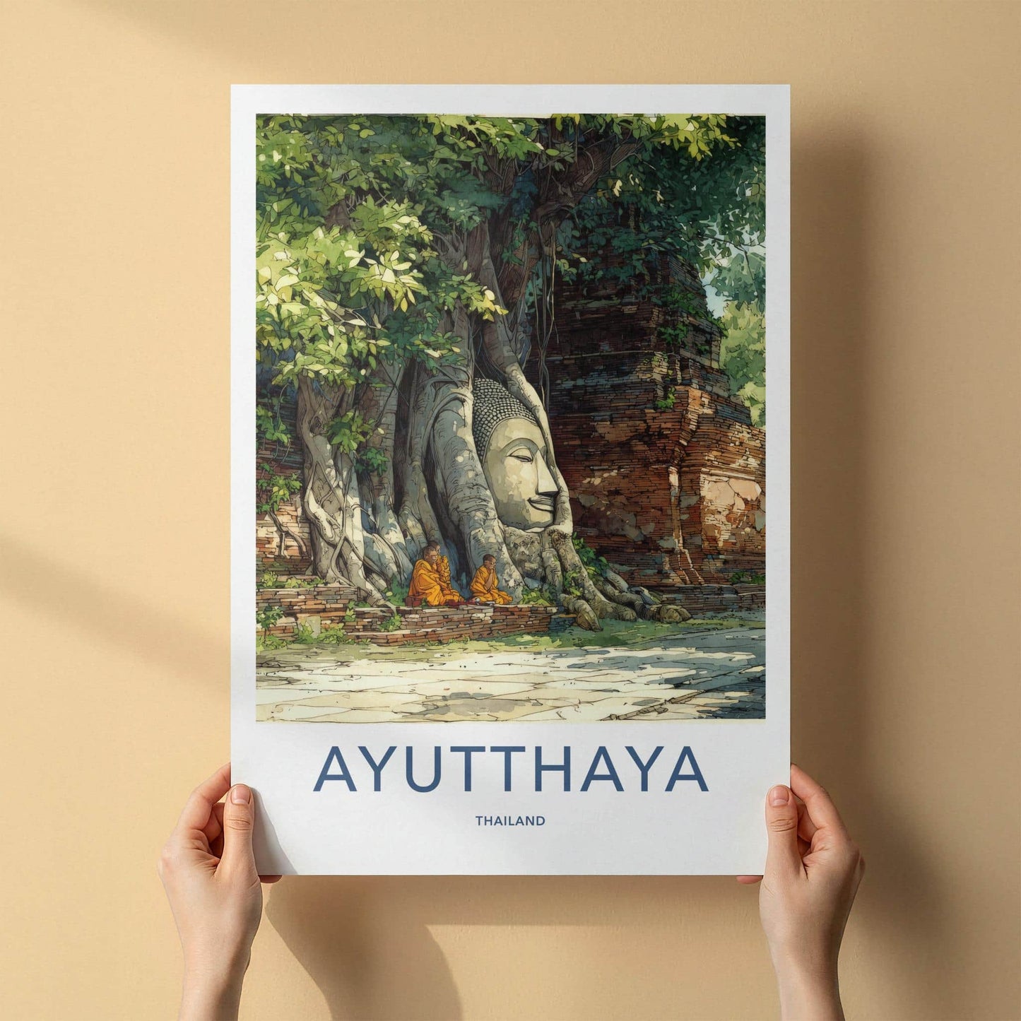 Ayutthaya Poster - Thailand Travel Print - rooted Buddha head Home Art