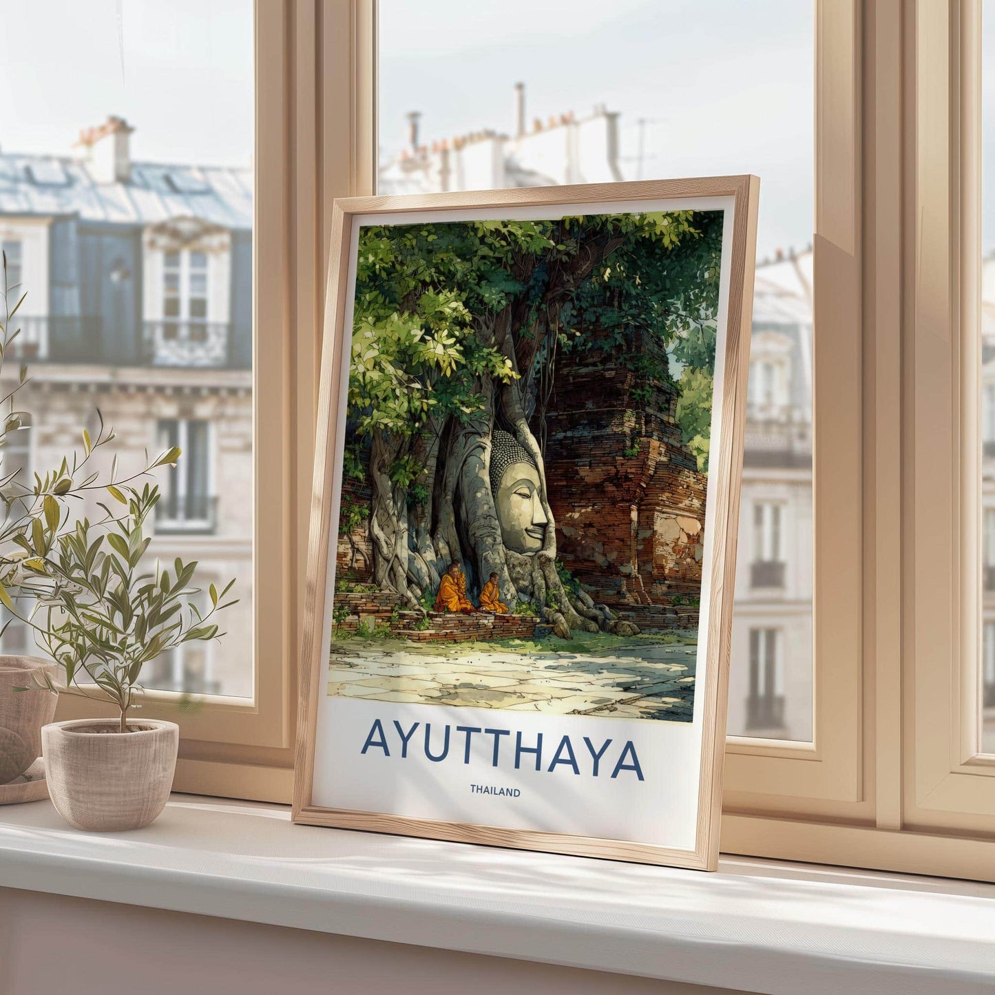 Ayutthaya Poster - Thailand Travel Print - rooted Buddha head Home Art