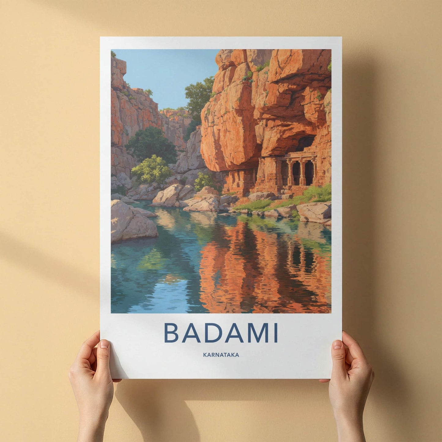 Badami Poster - India Wall Art - Karnataka River Caves Home Decor