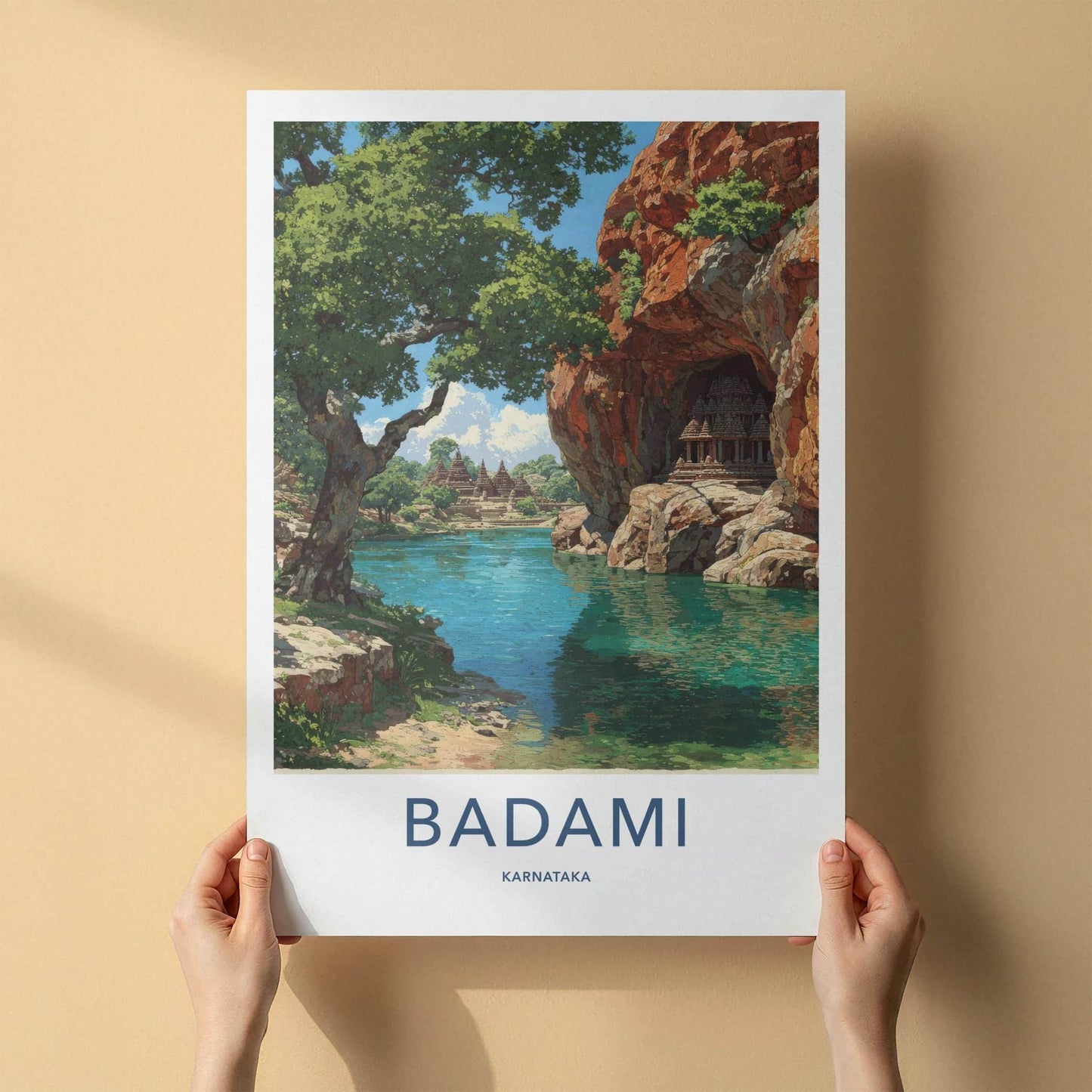Badami Poster - Karnataka Travel Print - Cave temples lake Travel Decor