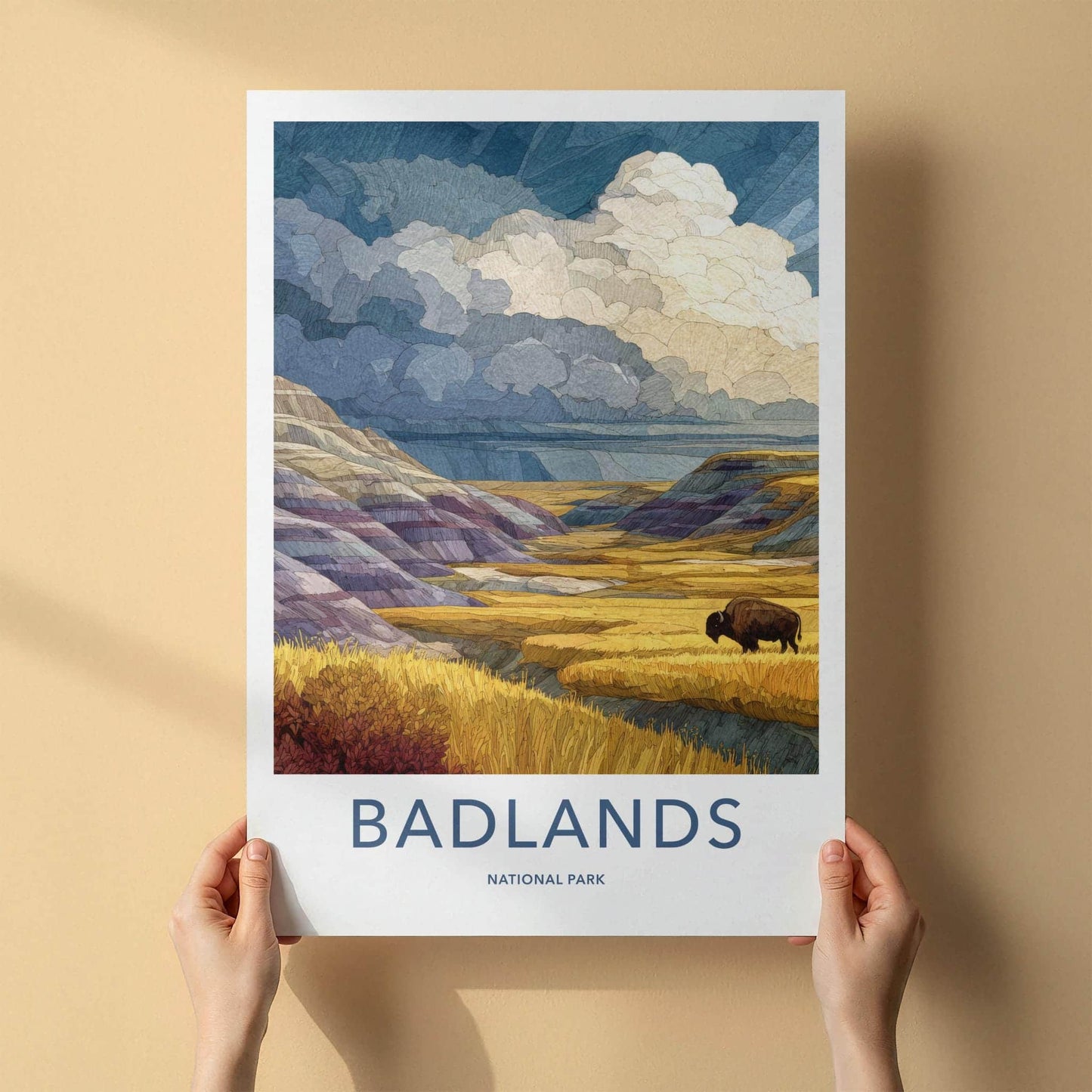 Badlands National Park Poster - South Dakota Art Print - Bison Hills Wall Decor
