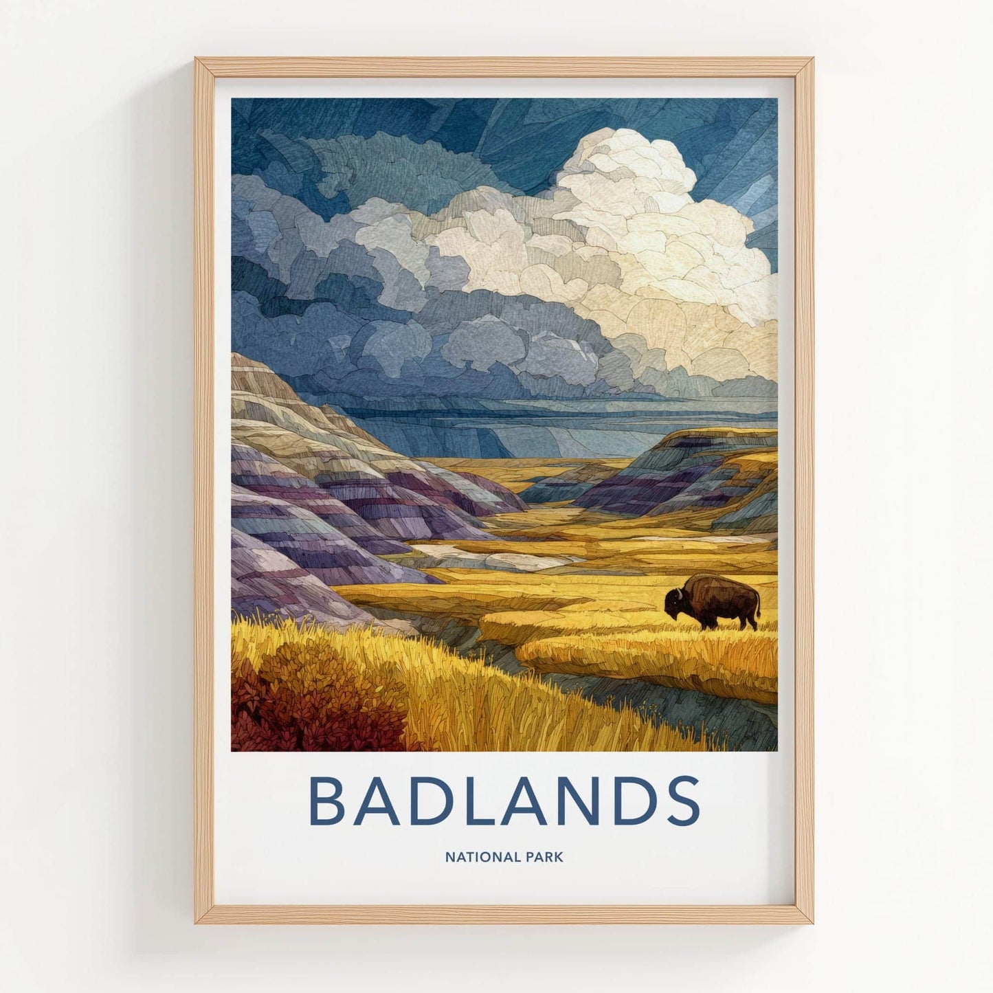 Badlands National Park Poster - South Dakota Art Print - Bison Hills Wall Decor