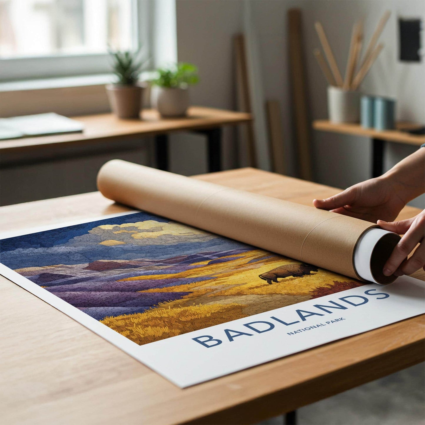 Badlands Poster - South Dakota Scenic Art - Bison Golden Plains Home Decor
