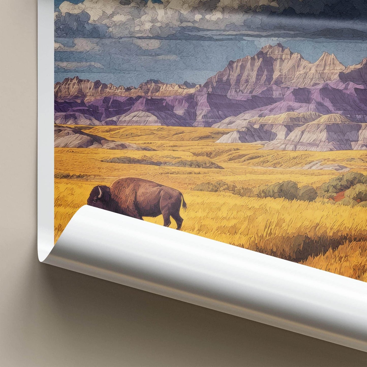Badlands Poster - South Dakota Scenic Art - Bison Golden Plains Wall Decor