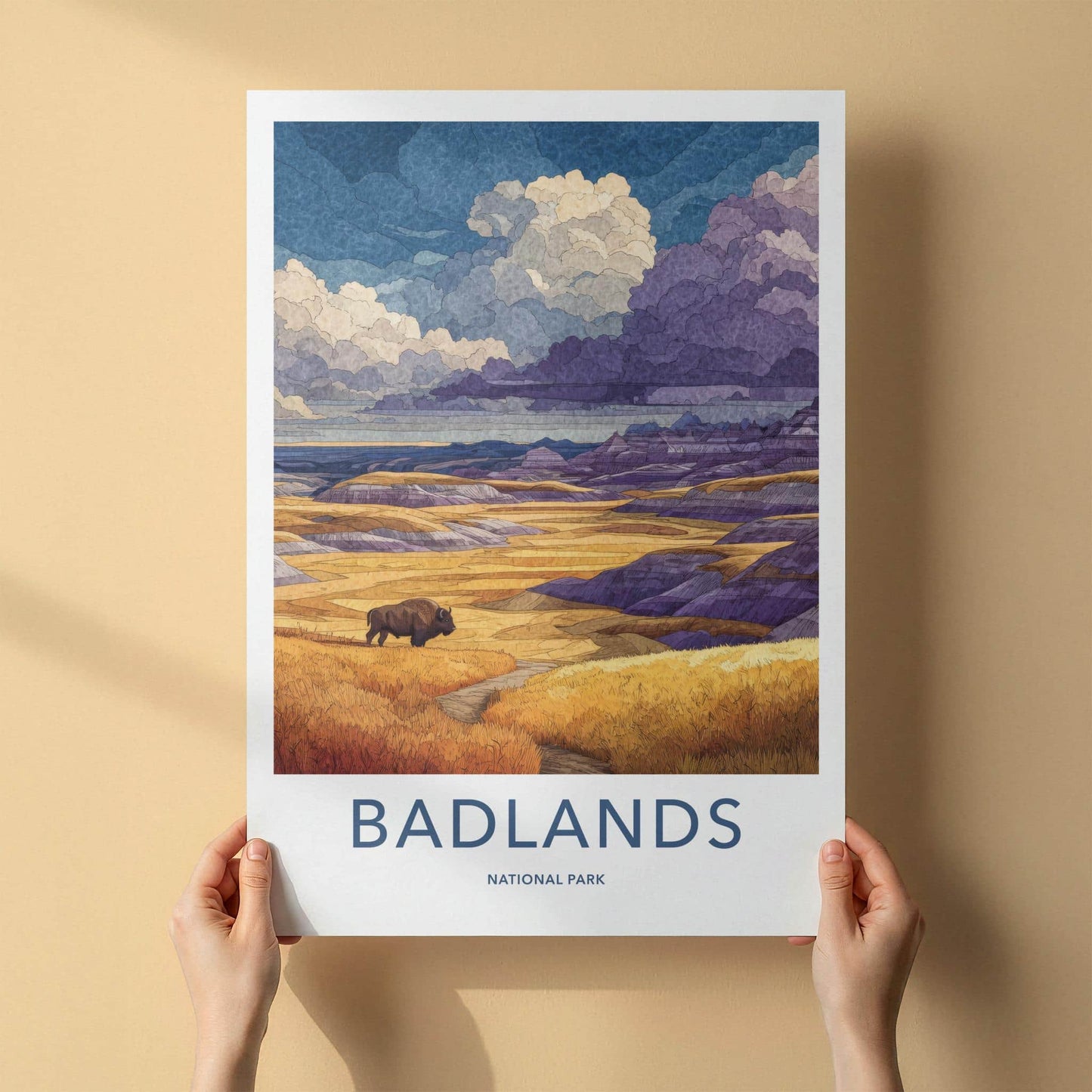 Badlands Poster - South Dakota Travel Art - Bison Layered Hills Travel Decor
