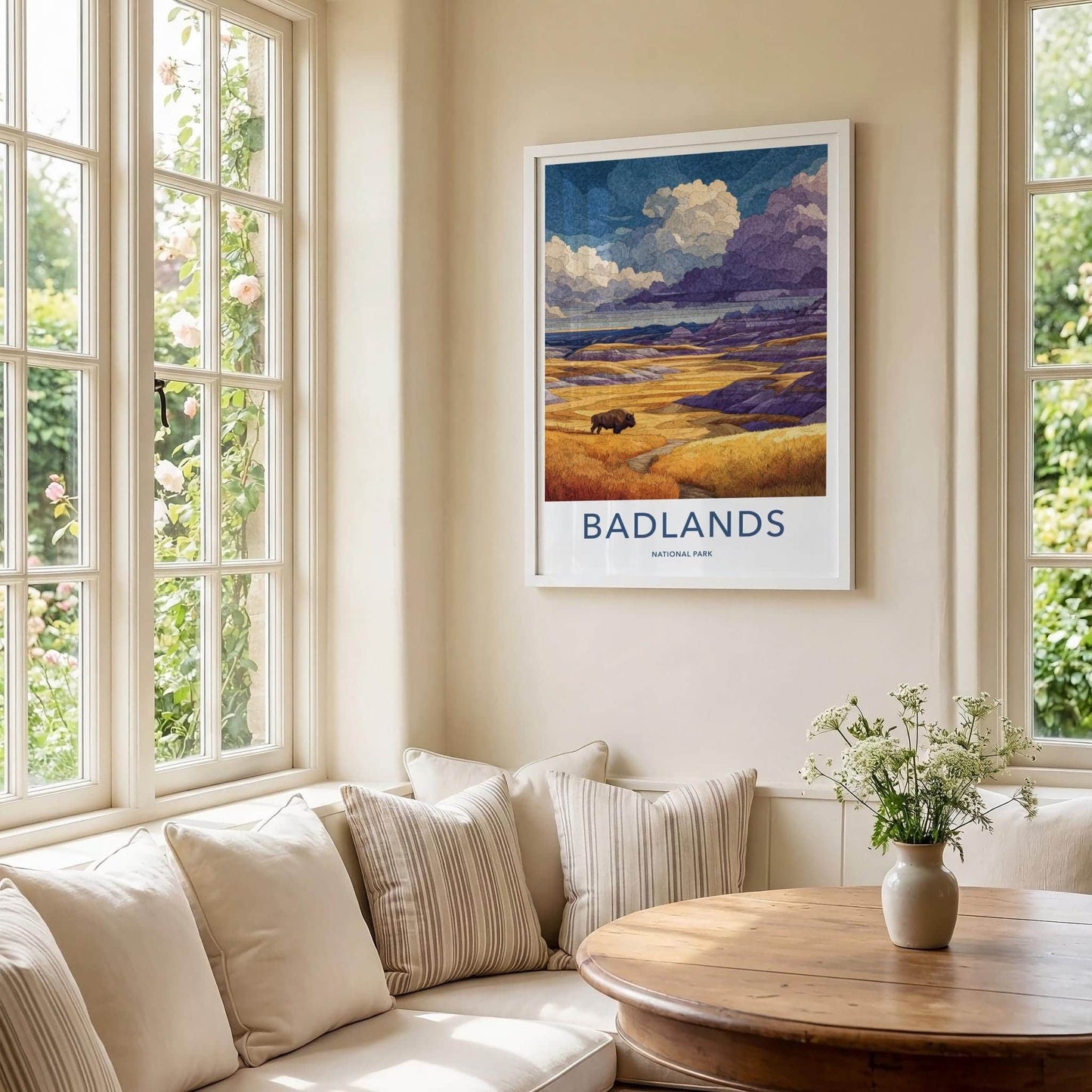 Badlands Poster - South Dakota Travel Art - Bison Layered Hills Travel Decor