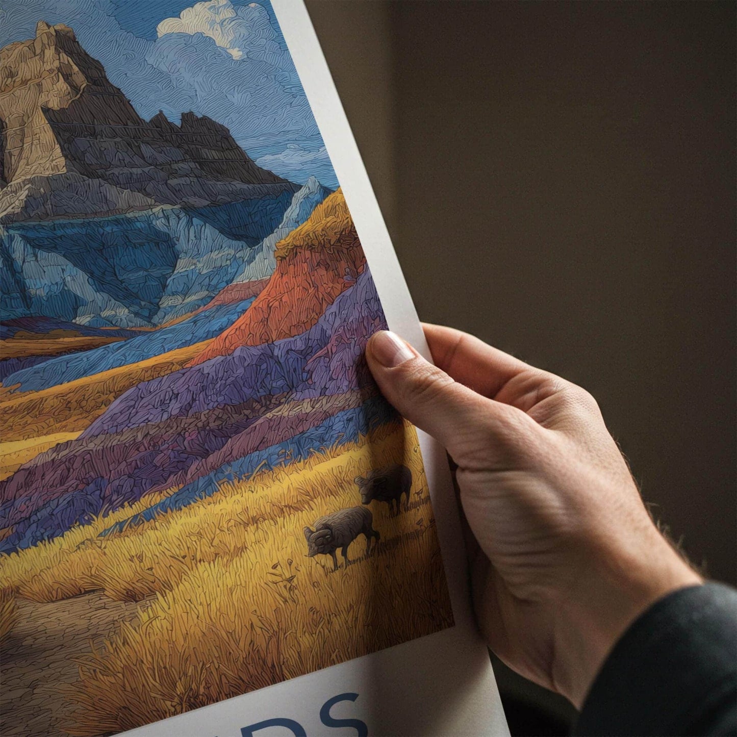 Badlands Poster - South Dakota Travel Art - Textured Hills Bison Wall Decor