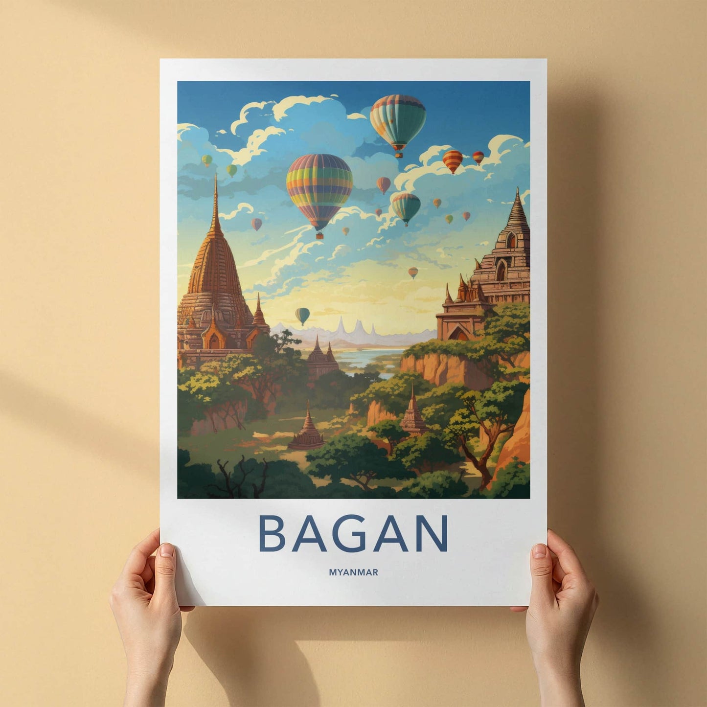 Bagan Poster - Myanmar Travel Art - Colorful Balloons Pagodas Wall Decor