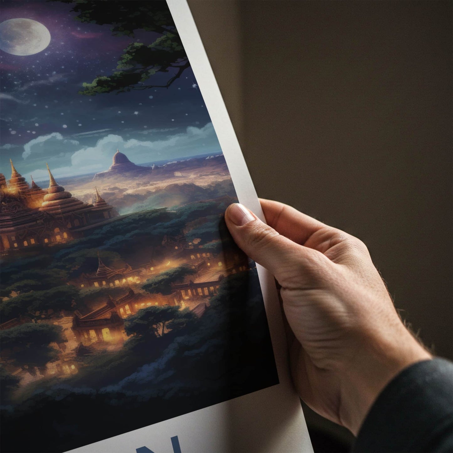 Bagan Poster - Myanmar Travel Art - Golden Pagodas Moonlight Home Decor