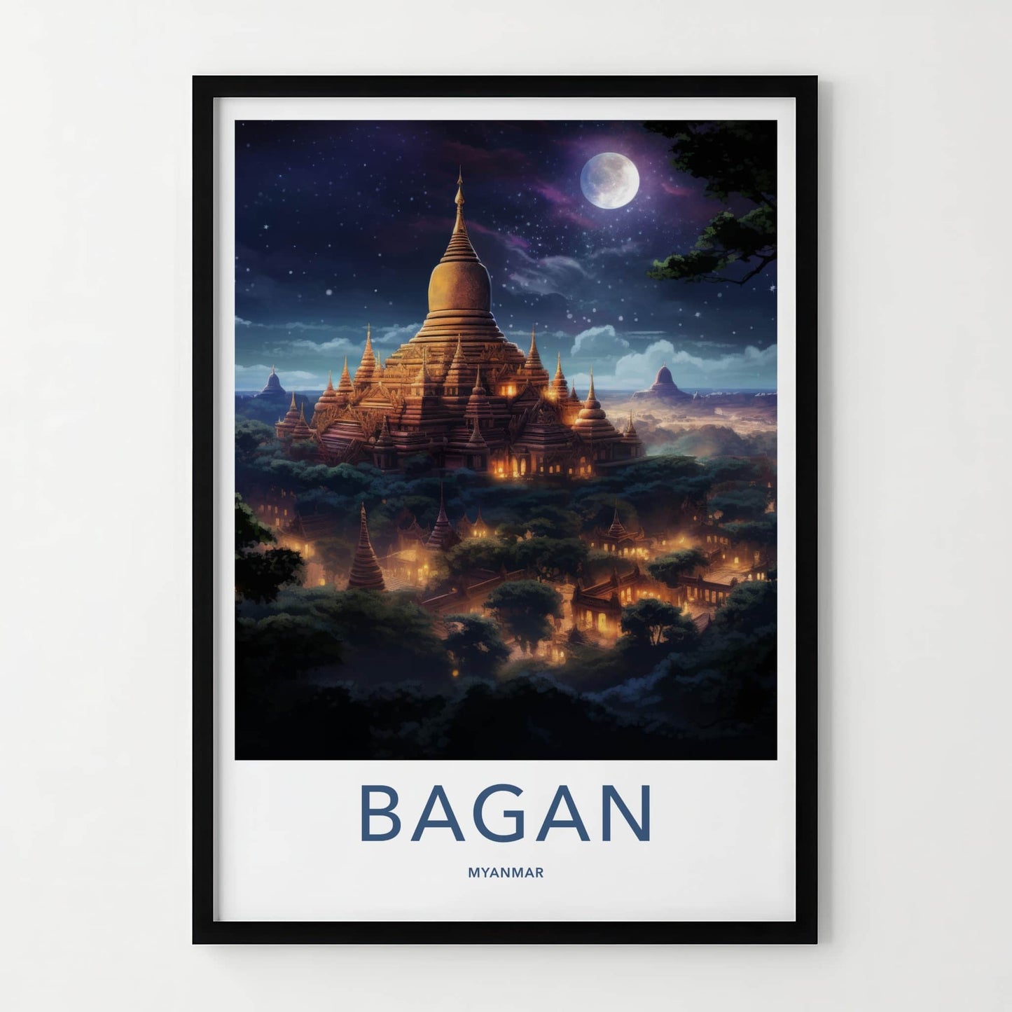 Bagan Poster - Myanmar Travel Art - Golden Pagodas Moonlight Home Decor