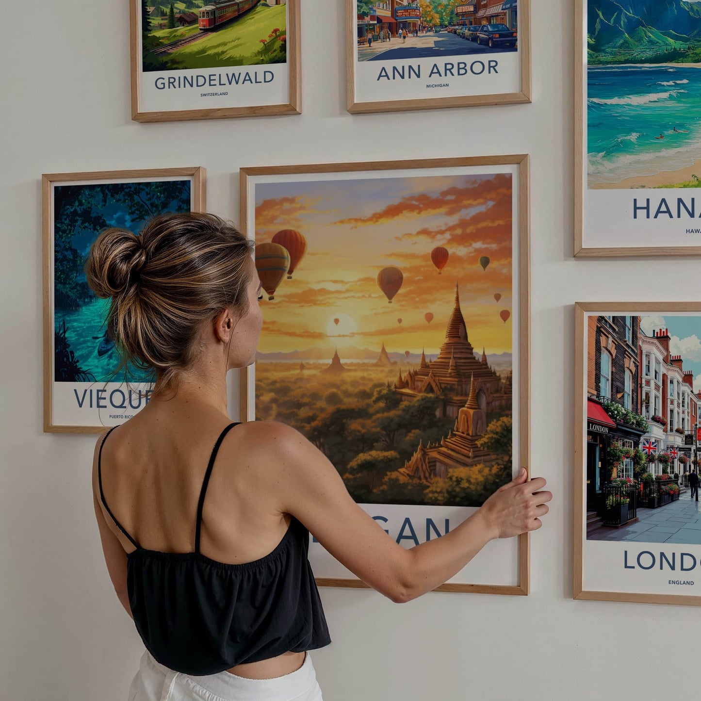 Bagan Poster - Myanmar Travel Art - Golden Temple Sunset Wall Decor