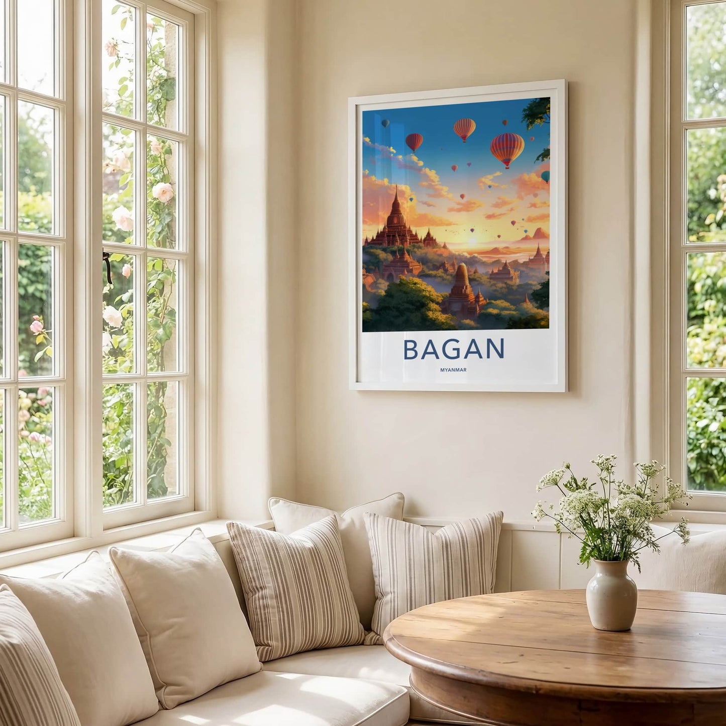 Bagan Poster - Myanmar Travel Art - Sunrise Temple Balloons Home Decor