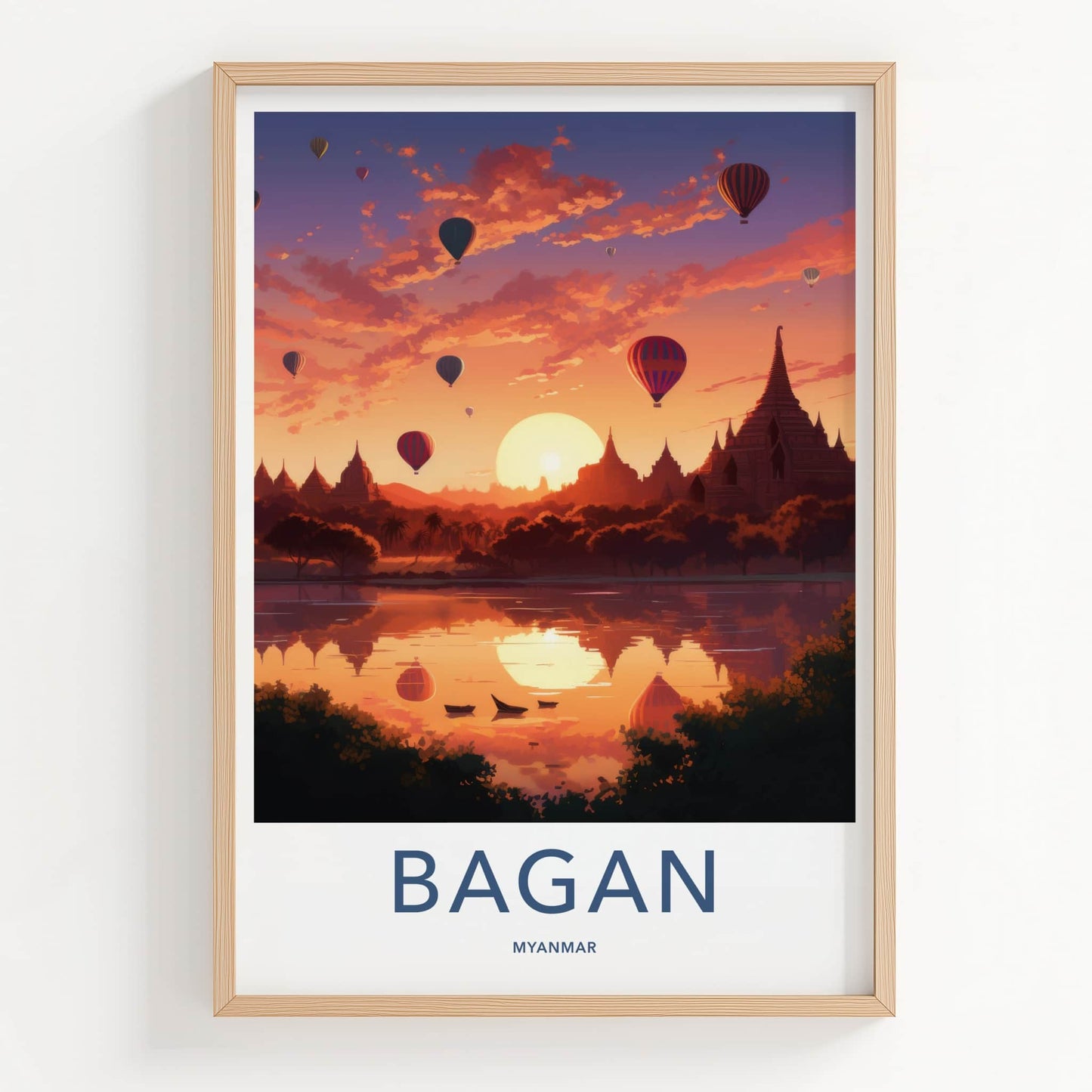 Bagan Poster - Myanmar Travel Art - Sunset Balloons Pagodas Home Decor