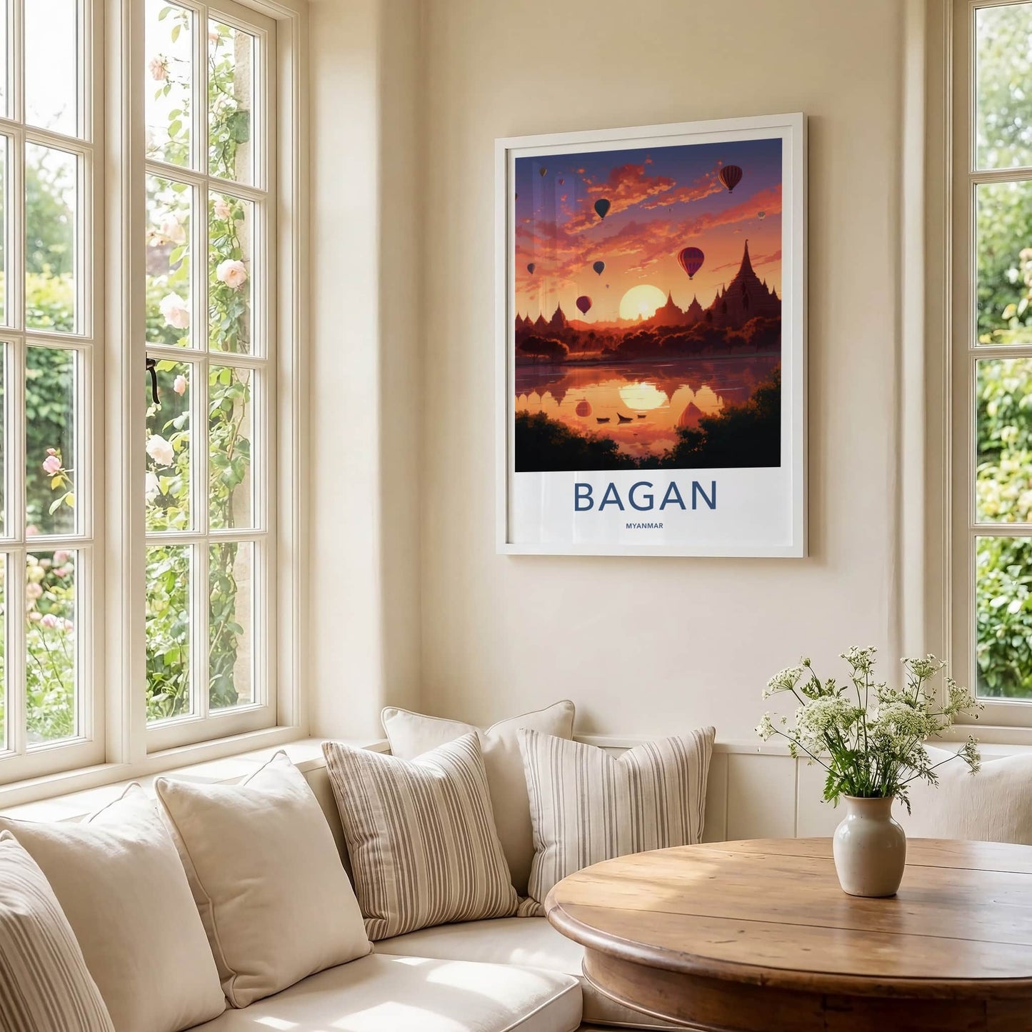 Bagan Poster - Myanmar Travel Art - Sunset Balloons Pagodas Home Decor