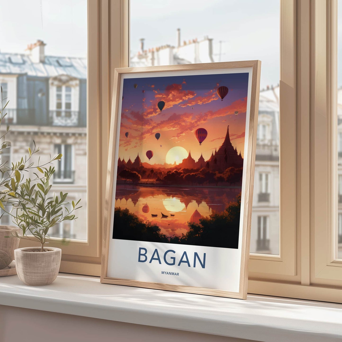 Bagan Poster - Myanmar Travel Art - Sunset Balloons Pagodas Home Decor