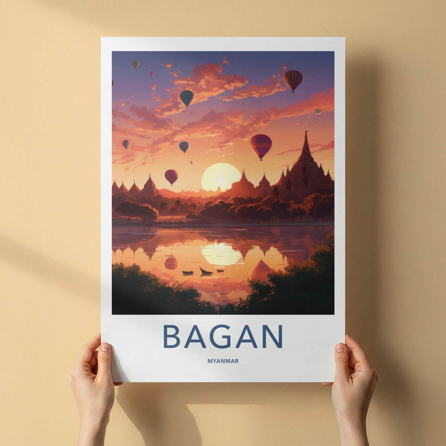 Bagan Poster - Myanmar Travel Art - Sunset Balloons Pagodas Home Decor