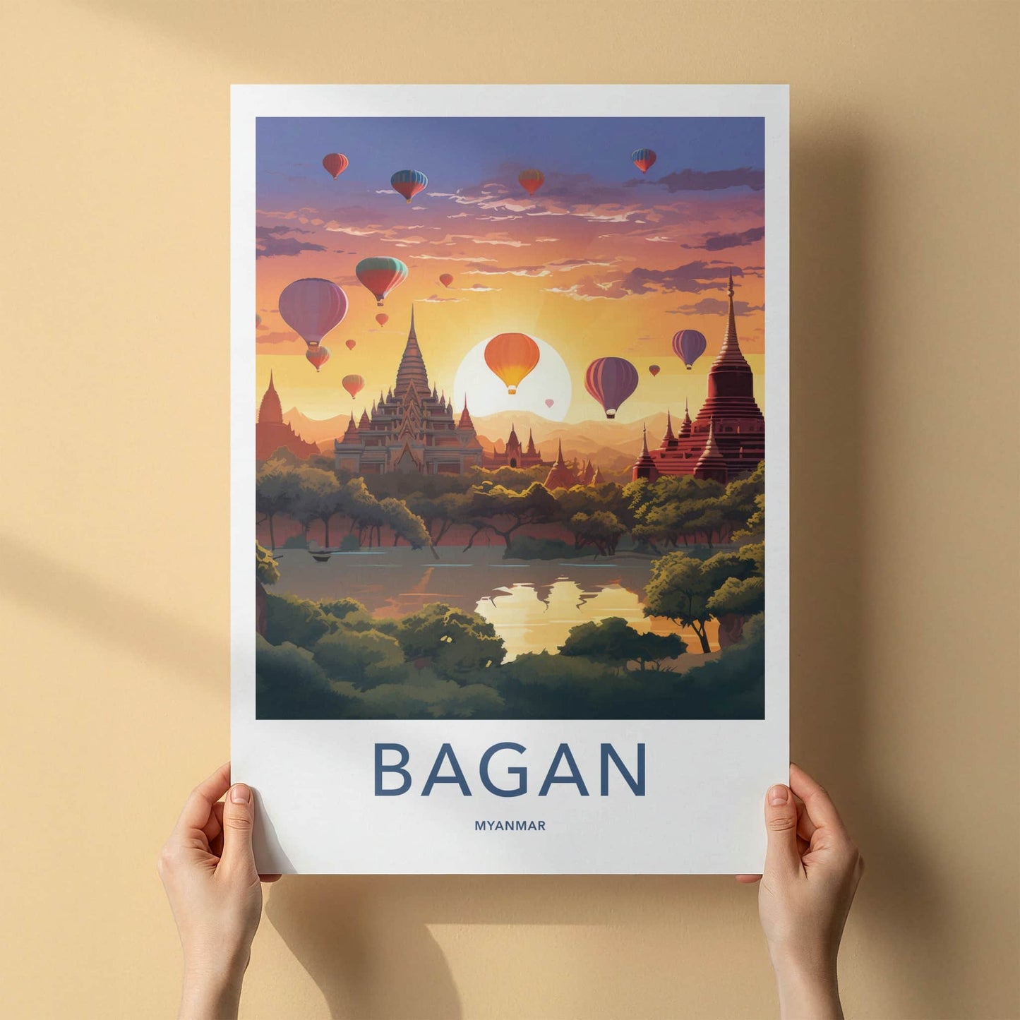 Bagan Poster - Myanmar Travel Art - Temples Balloon Sunset Home Decor