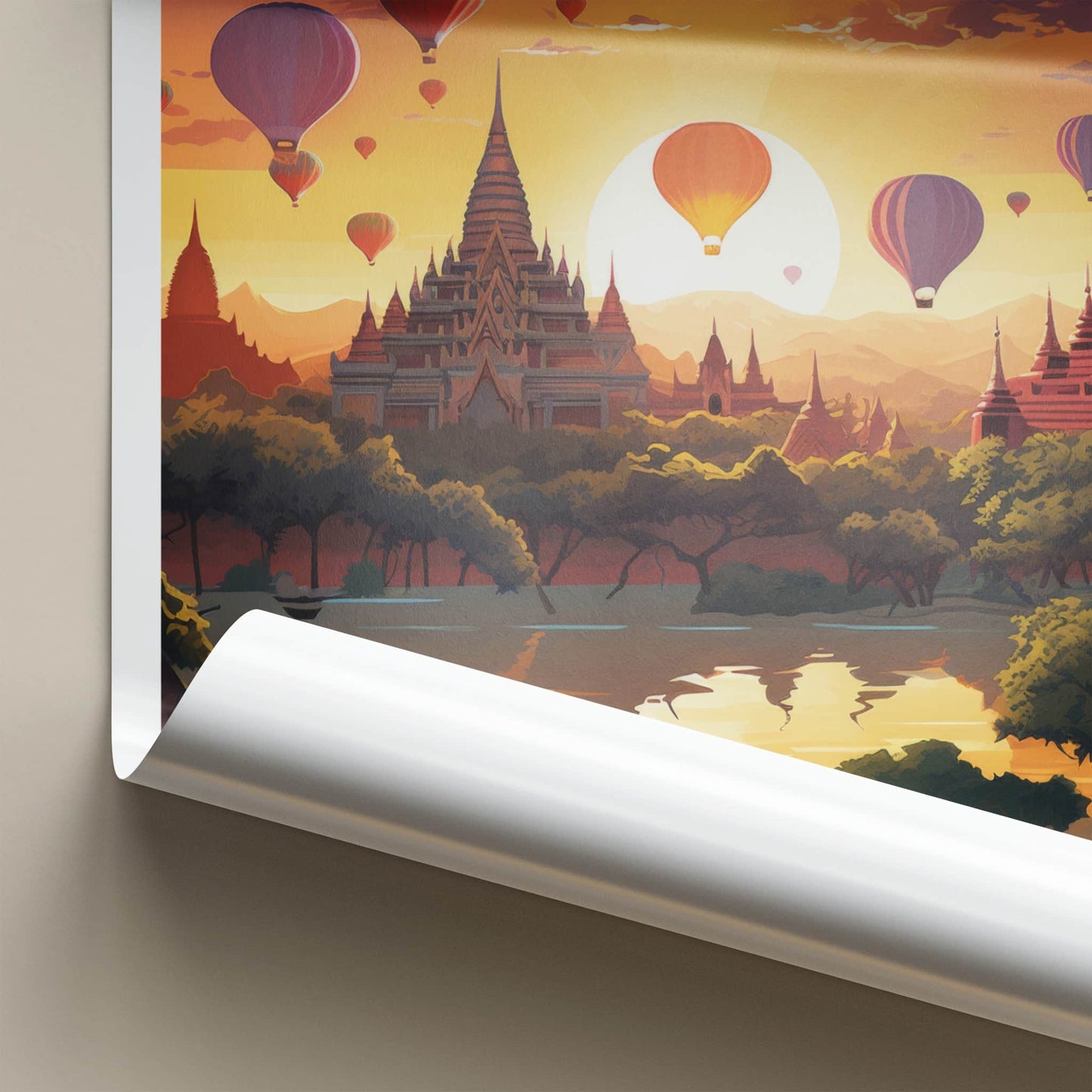 Bagan Poster - Myanmar Travel Art - Temples Balloon Sunset Home Decor