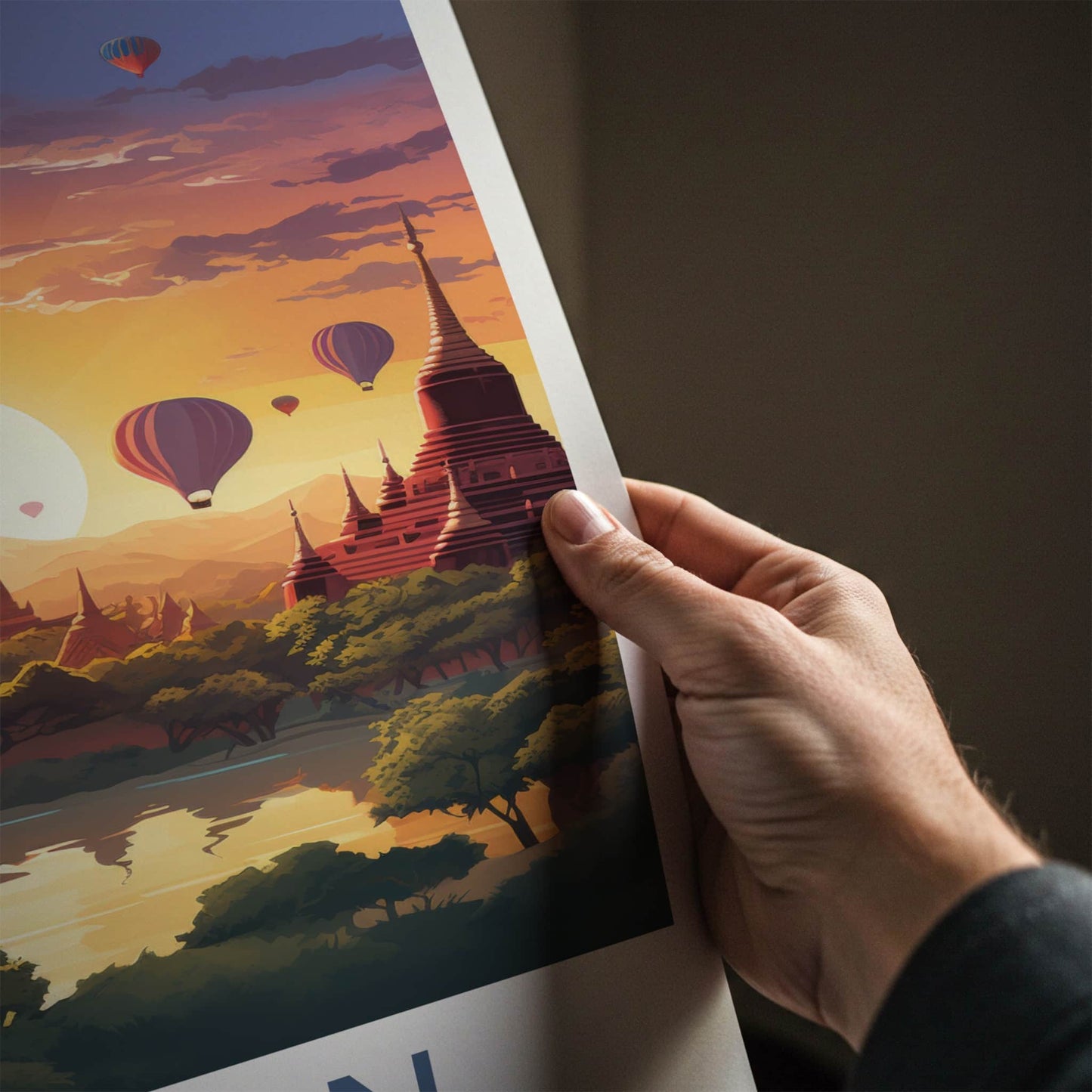 Bagan Poster - Myanmar Travel Art - Temples Balloon Sunset Home Decor