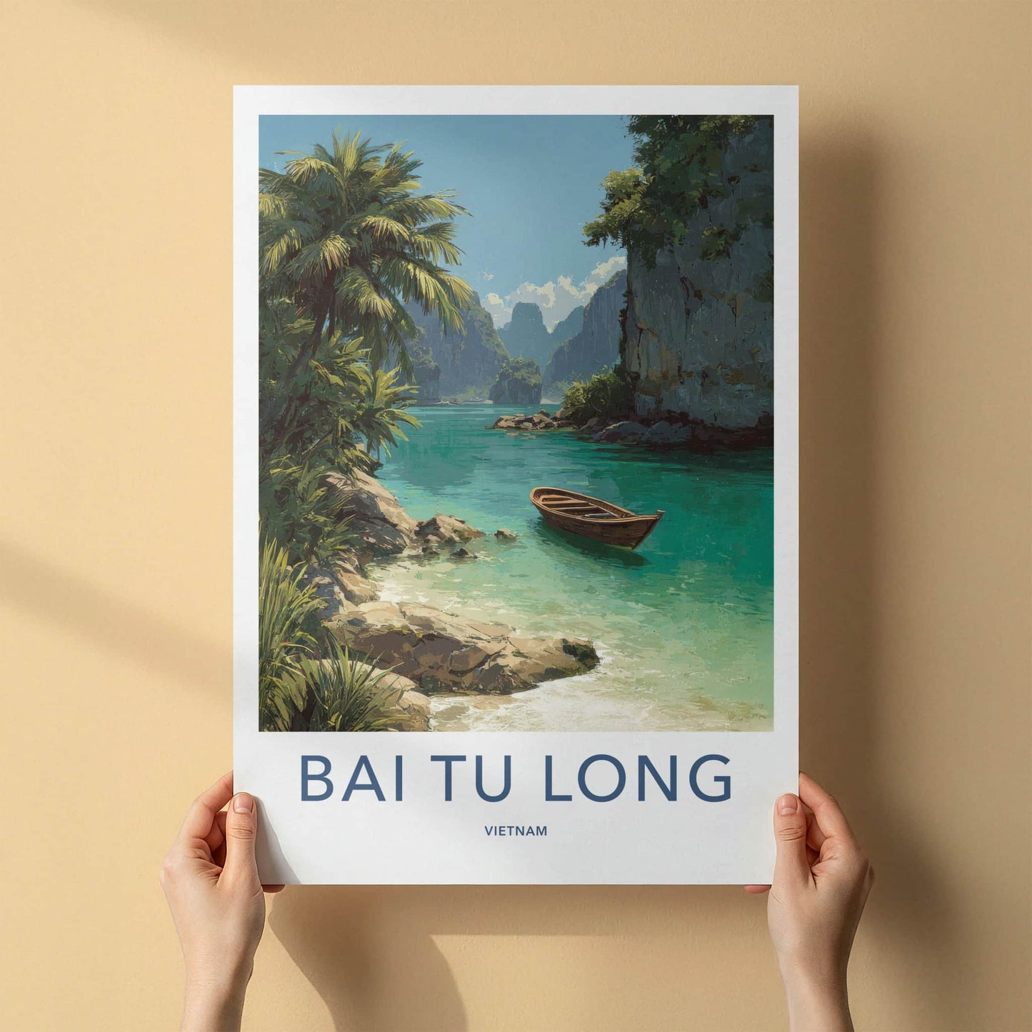 Bai Tu Long Poster - Vietnam Travel Art - Wooden Boat Scene Home Decor