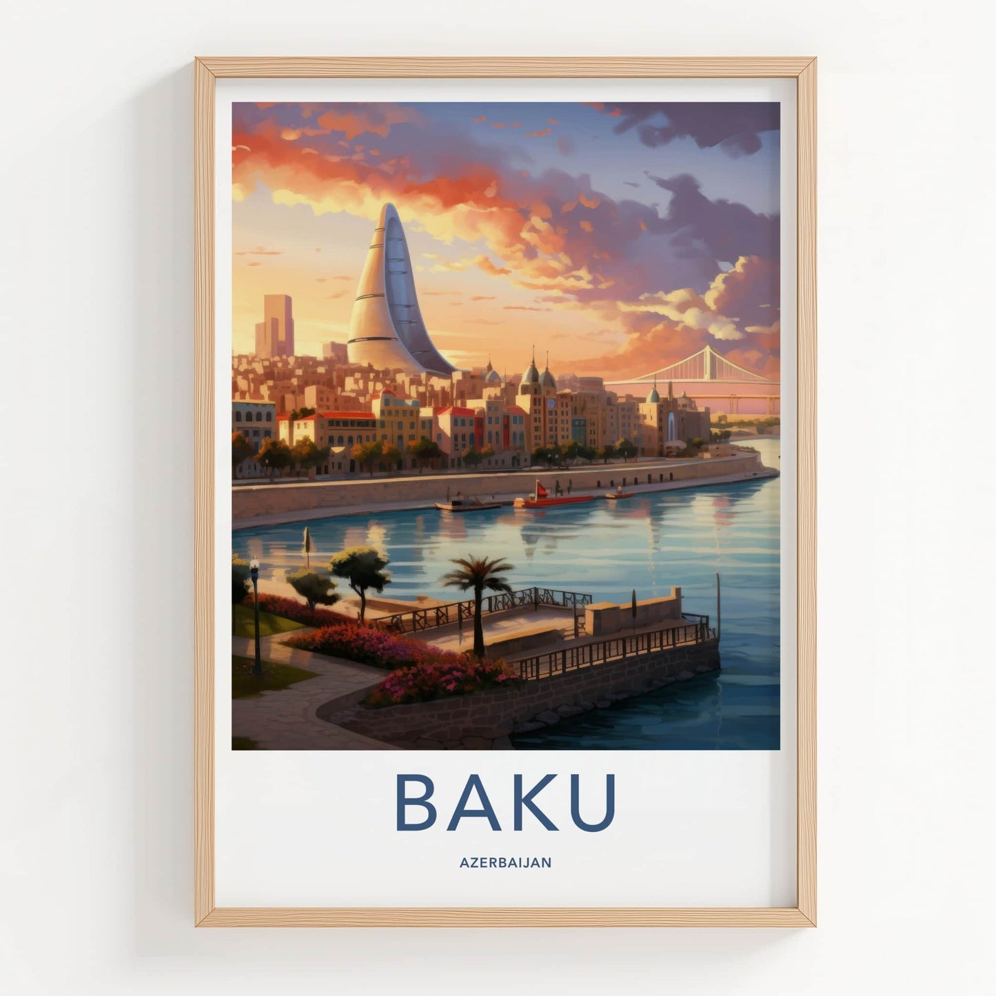 Baku Poster - Azerbaijan Framed Print - Modern Skyscraper River View Lounge Decor