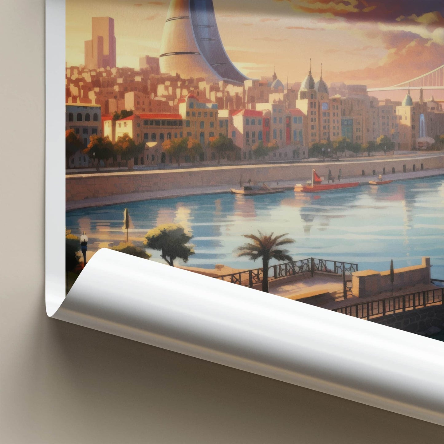 Baku Poster - Azerbaijan Framed Print - Modern Skyscraper River View Lounge Decor