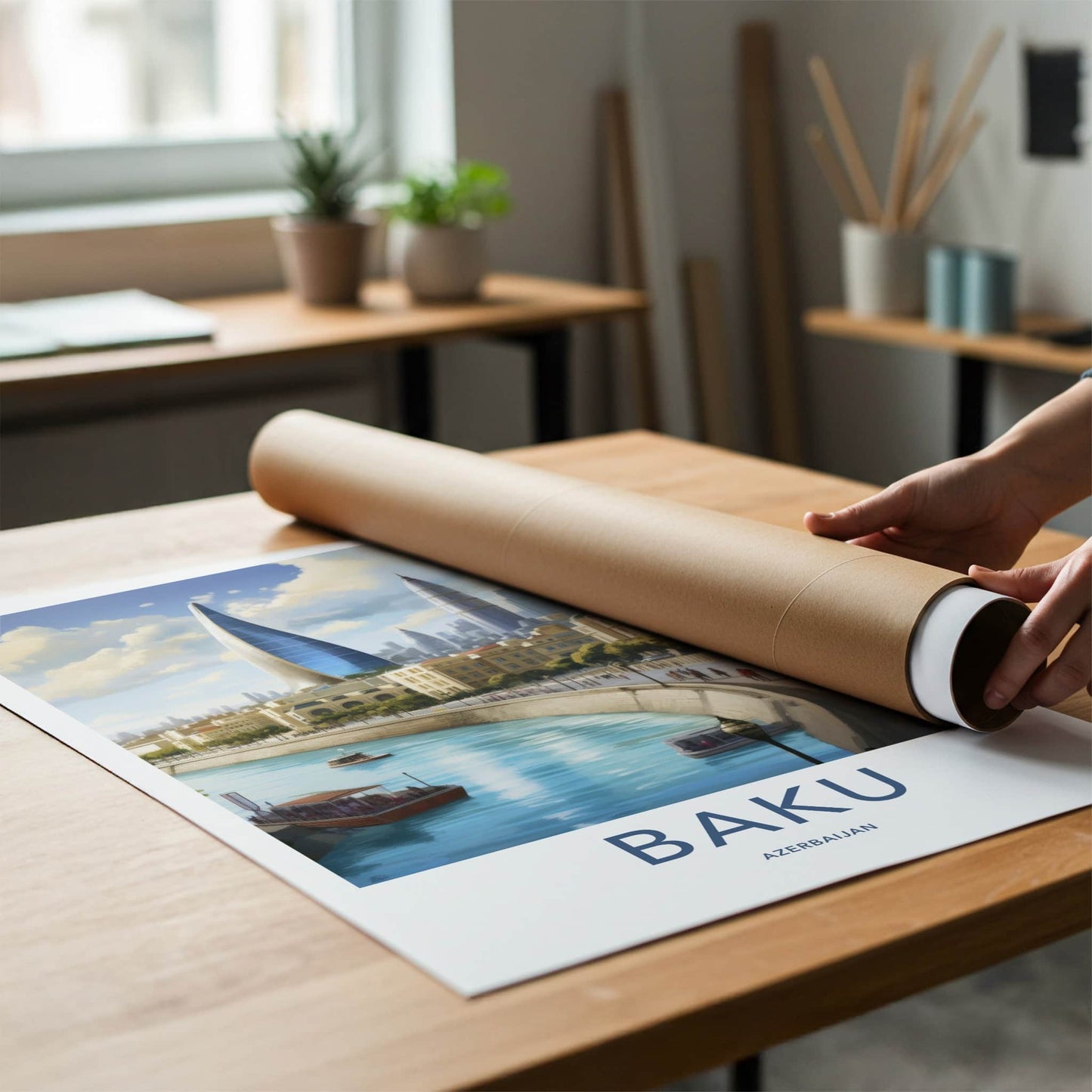 Baku Poster - Azerbaijan Travel Art - Futuristic City River Home Decor