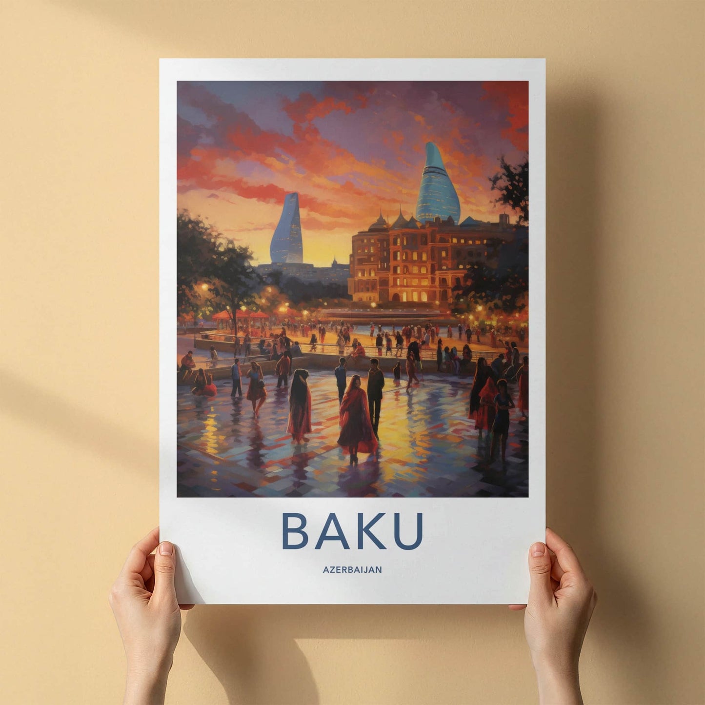 Baku Poster - Azerbaijan Travel Art - Vibrant City Evening Wall Decor