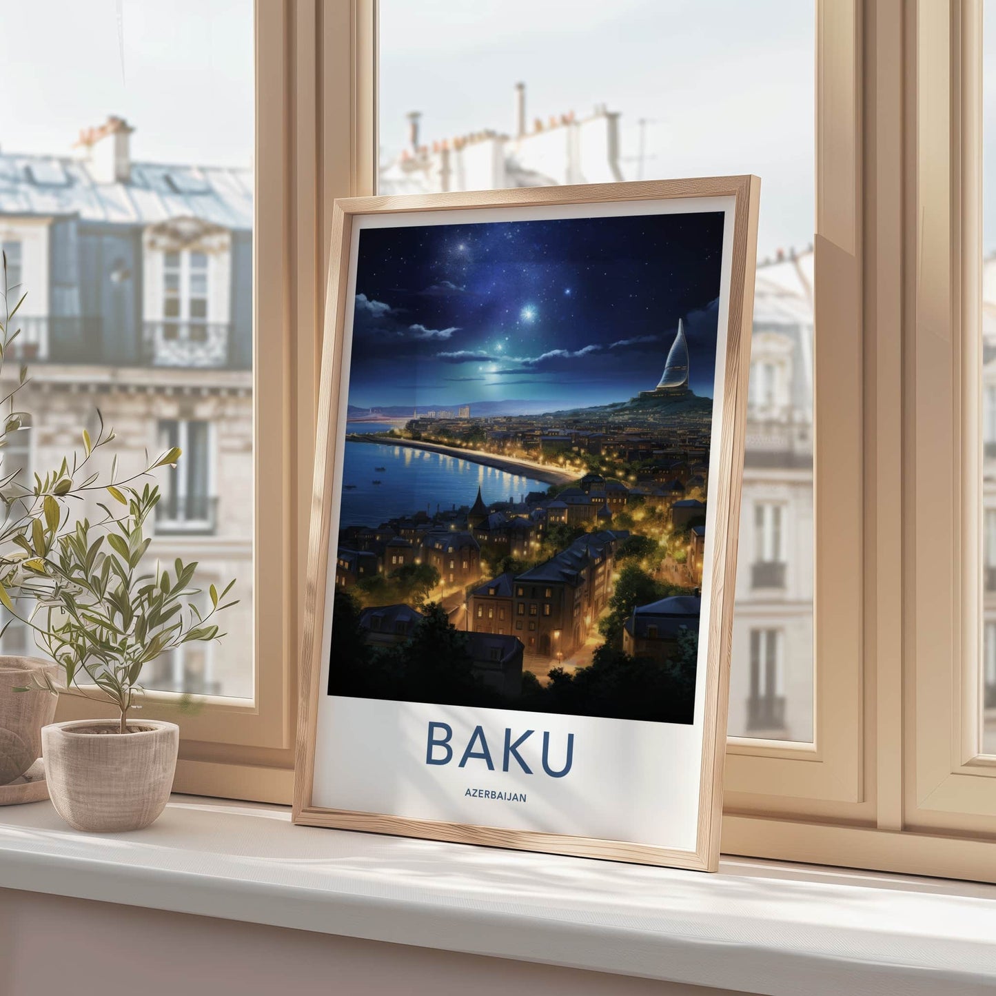 Baku Poster - Azerbaijan Wall Art - Starry City Skyline Home Decor