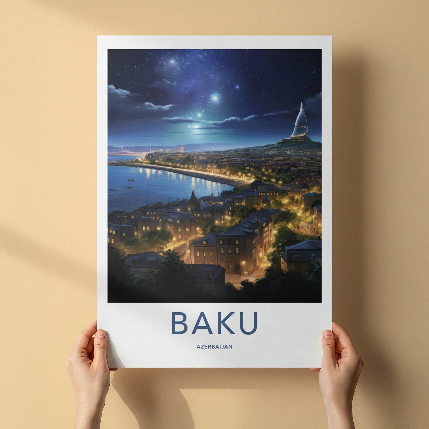 Baku Poster - Azerbaijan Wall Art - Starry City Skyline Home Decor